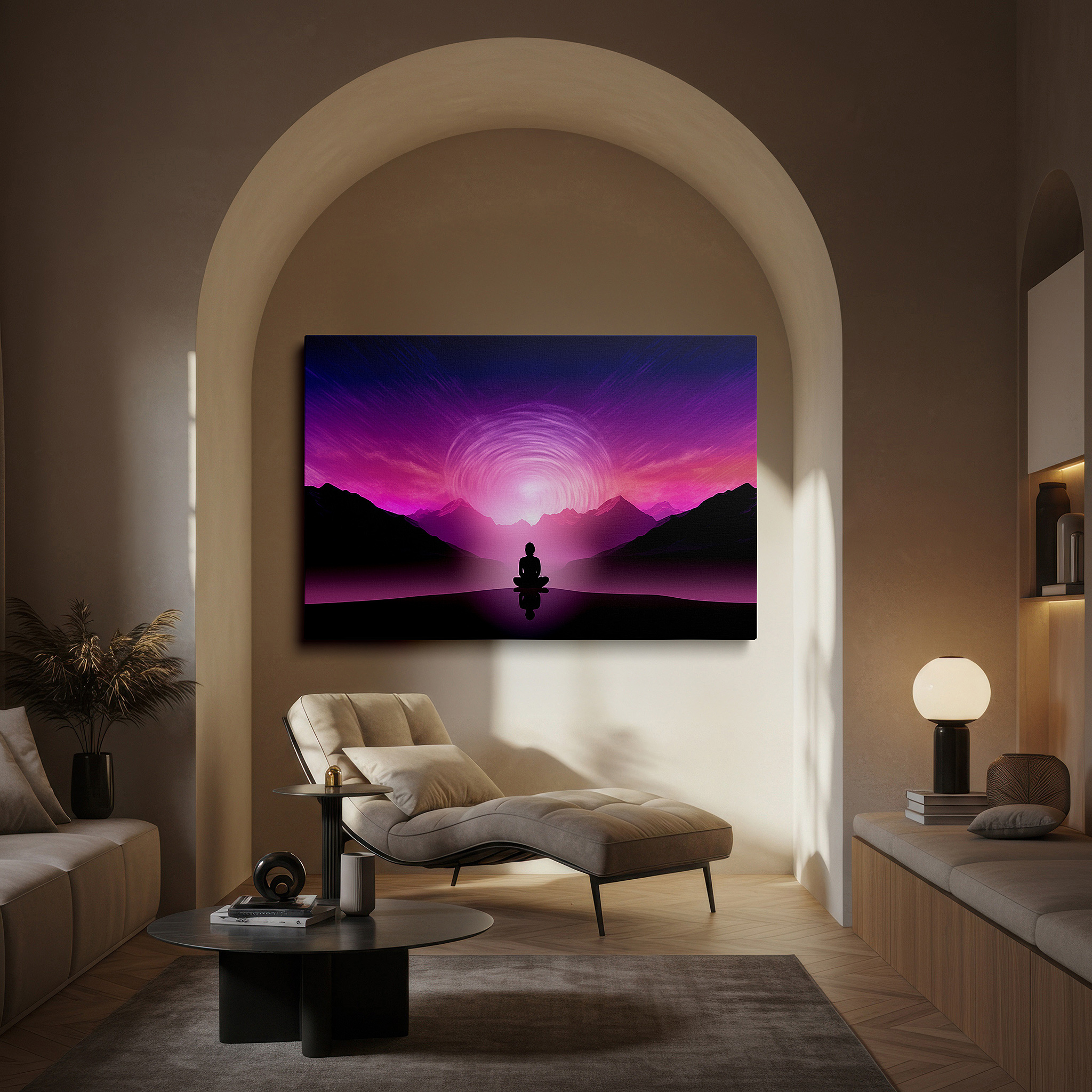 At 60×40 cm, this format fits effortlessly over dressers or benches — spiritual reflection and dynamic energy in abstract mountain vistas: meditative solitude large wall art, canvas wall art, wall decor