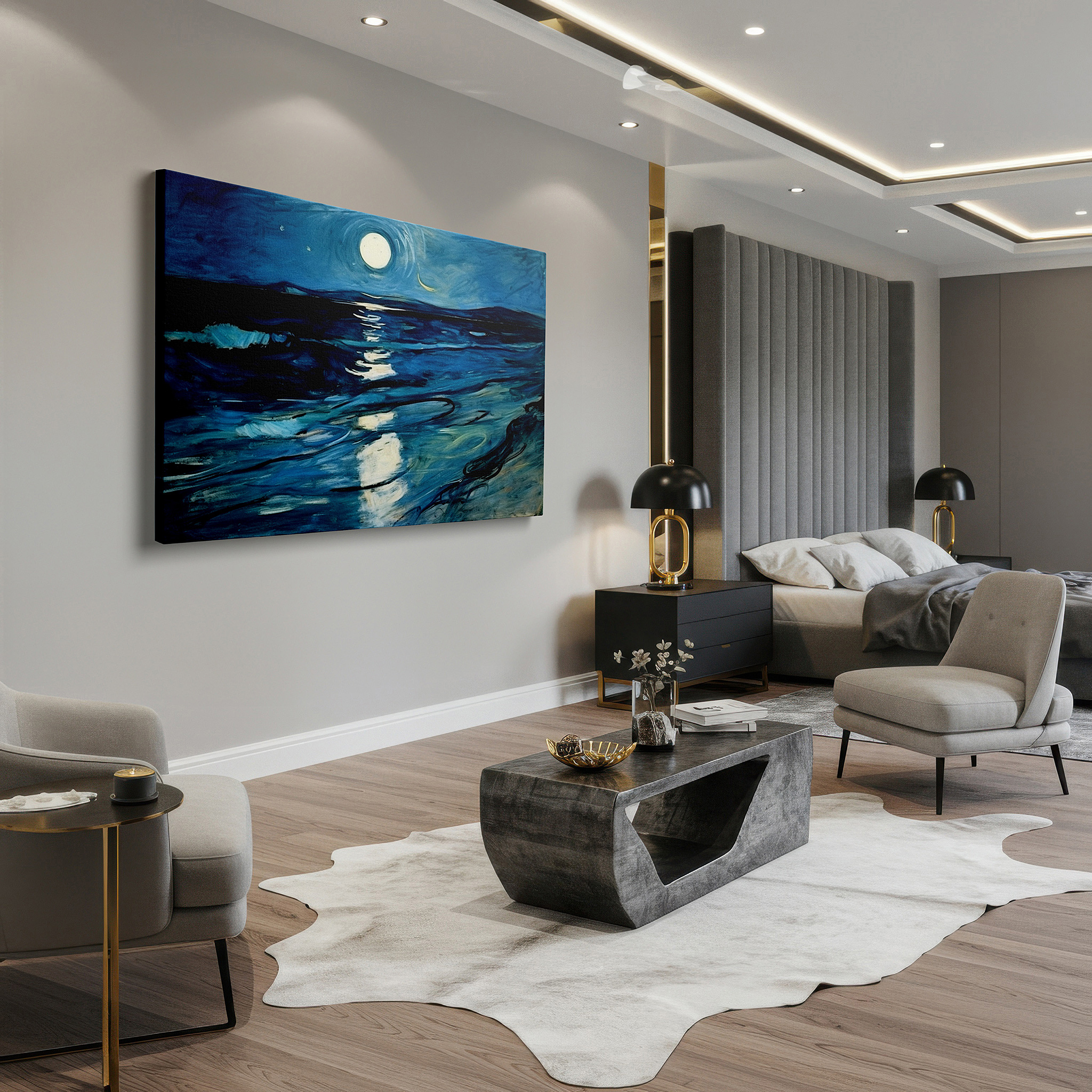 At 60×40 cm, this format fits effortlessly over dressers or benches — starry night over the ocean large canvas wall art for office and bedroom decor