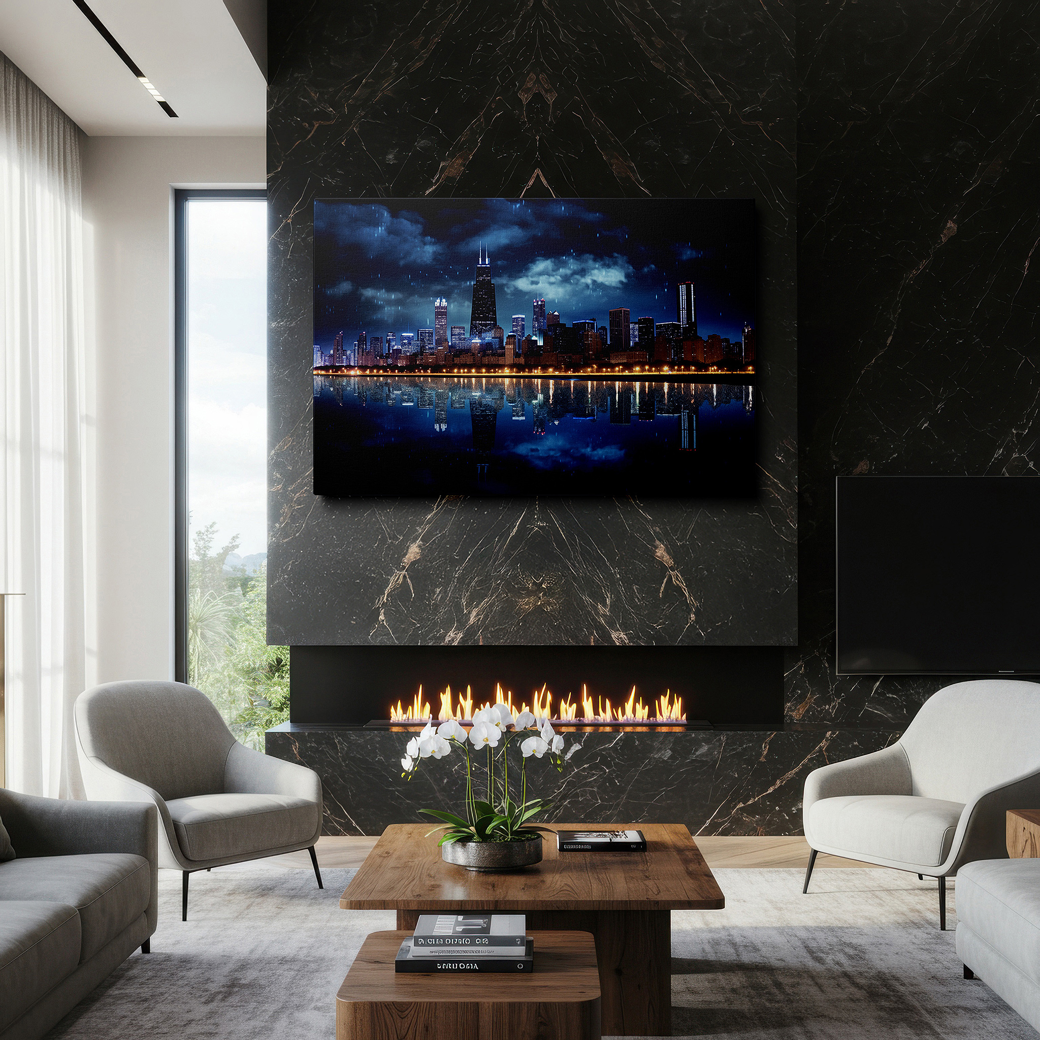 At 60×40 cm, this format fits effortlessly over dressers or benches — stormy evening in chicago: oil on canvas skyline masterpiece, large wall art for office or bedroom decor
