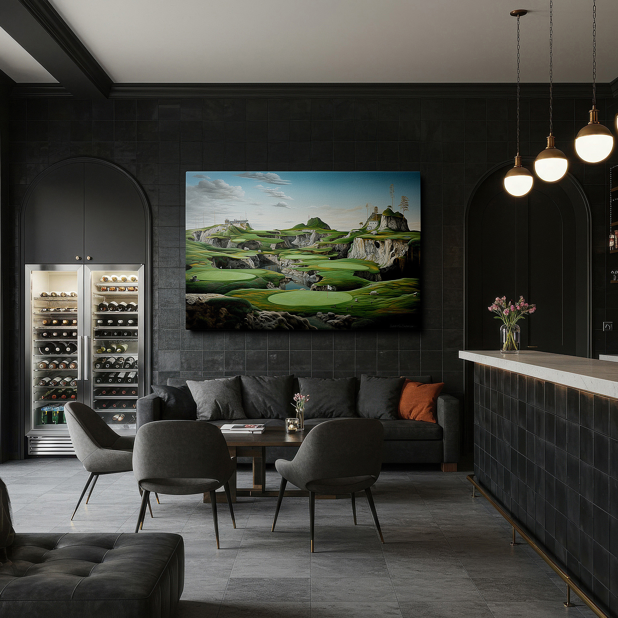 At 60×40 cm, this format fits effortlessly over dressers or benches — stunning golf course scenery with vibrant greens and striking rock formations - large canvas wall art for office and bedroom decor