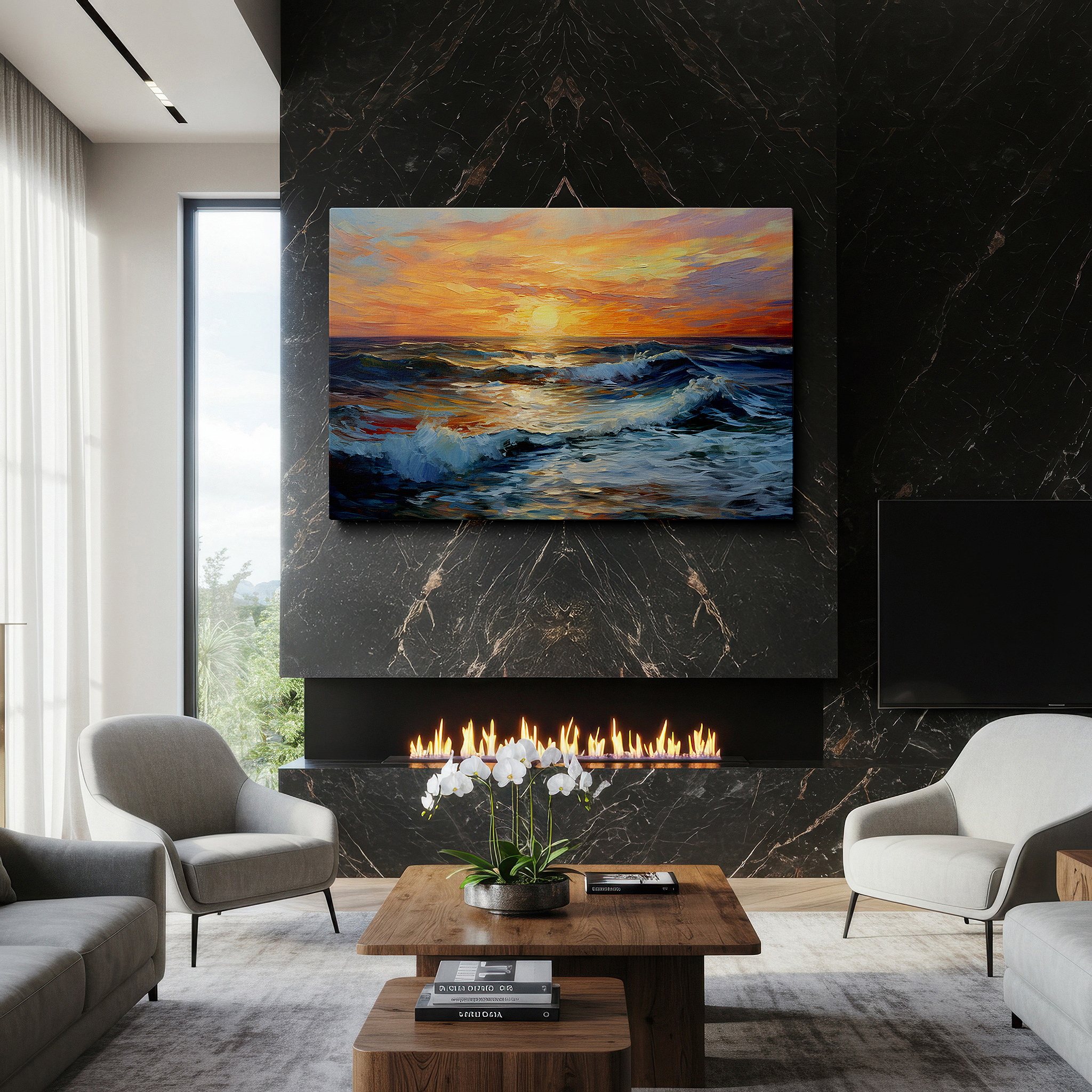 At 60×40 cm, this format fits effortlessly over dressers or benches — stunning sunset above stormy sea: celebrating the majesty and strength of nature - large wall art, canvas wall art, wall decor for office