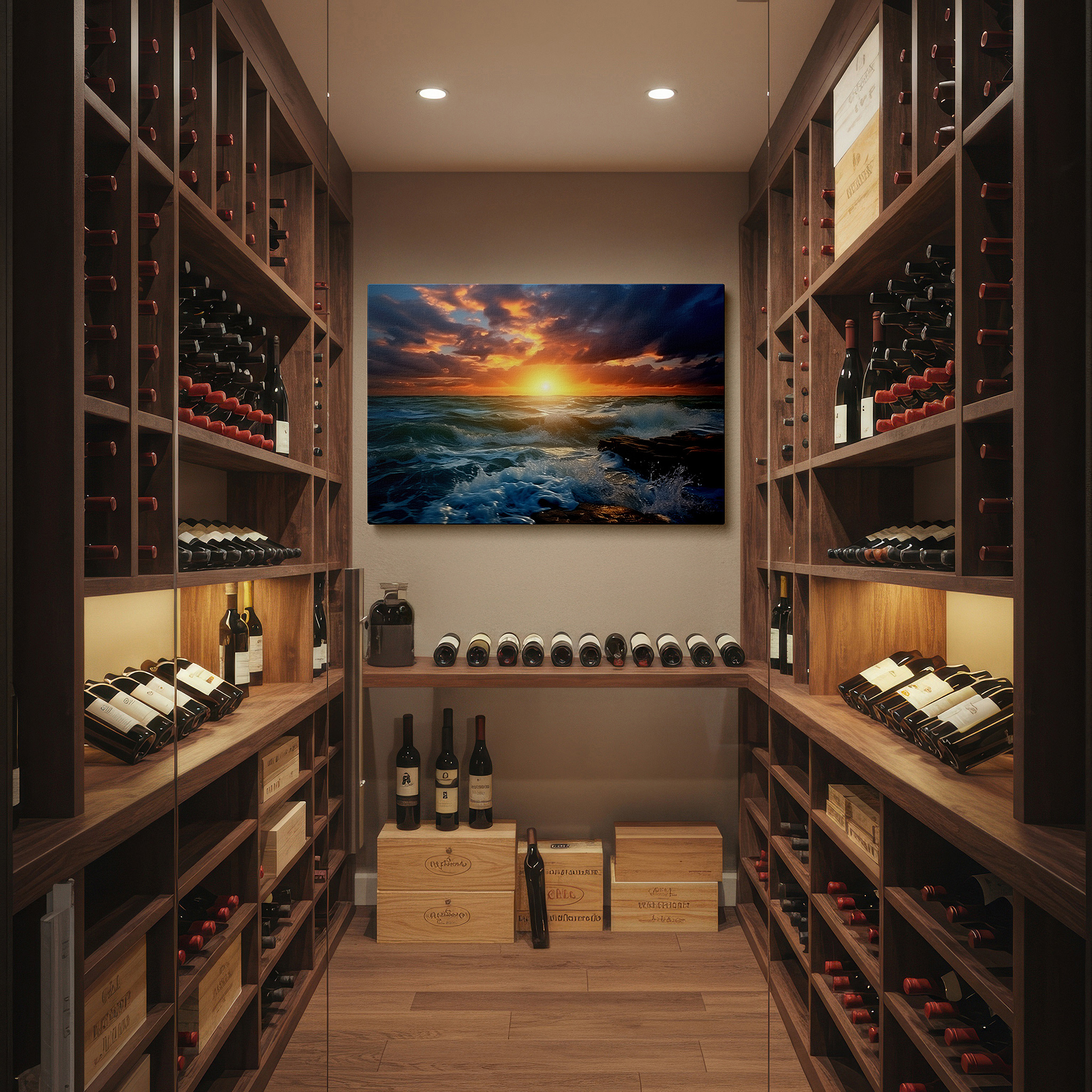 At 60×40 cm, this format fits effortlessly over dressers or benches — sunset embraces the horizon: fiery waves and rugged shores large wall art, canvas wall art, wall decor for office, bedroom, and living room