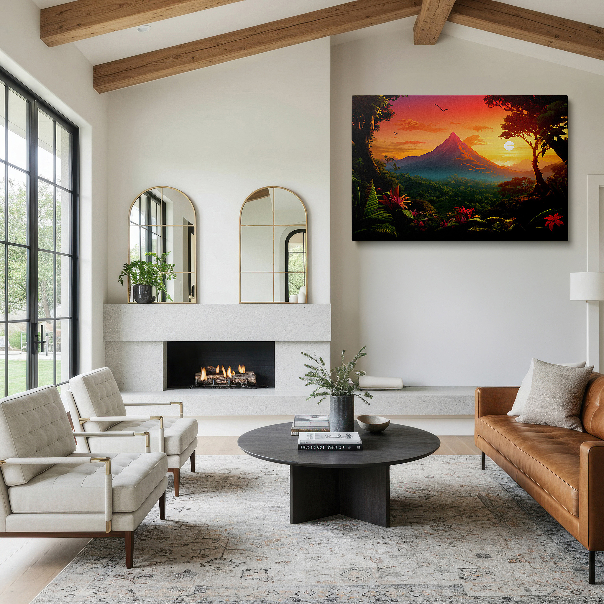 At 60×40 cm, this format fits effortlessly over dressers or benches — sunset over majestic mountain with tropical foliage - large canvas wall art for office, bedroom, and living room decor