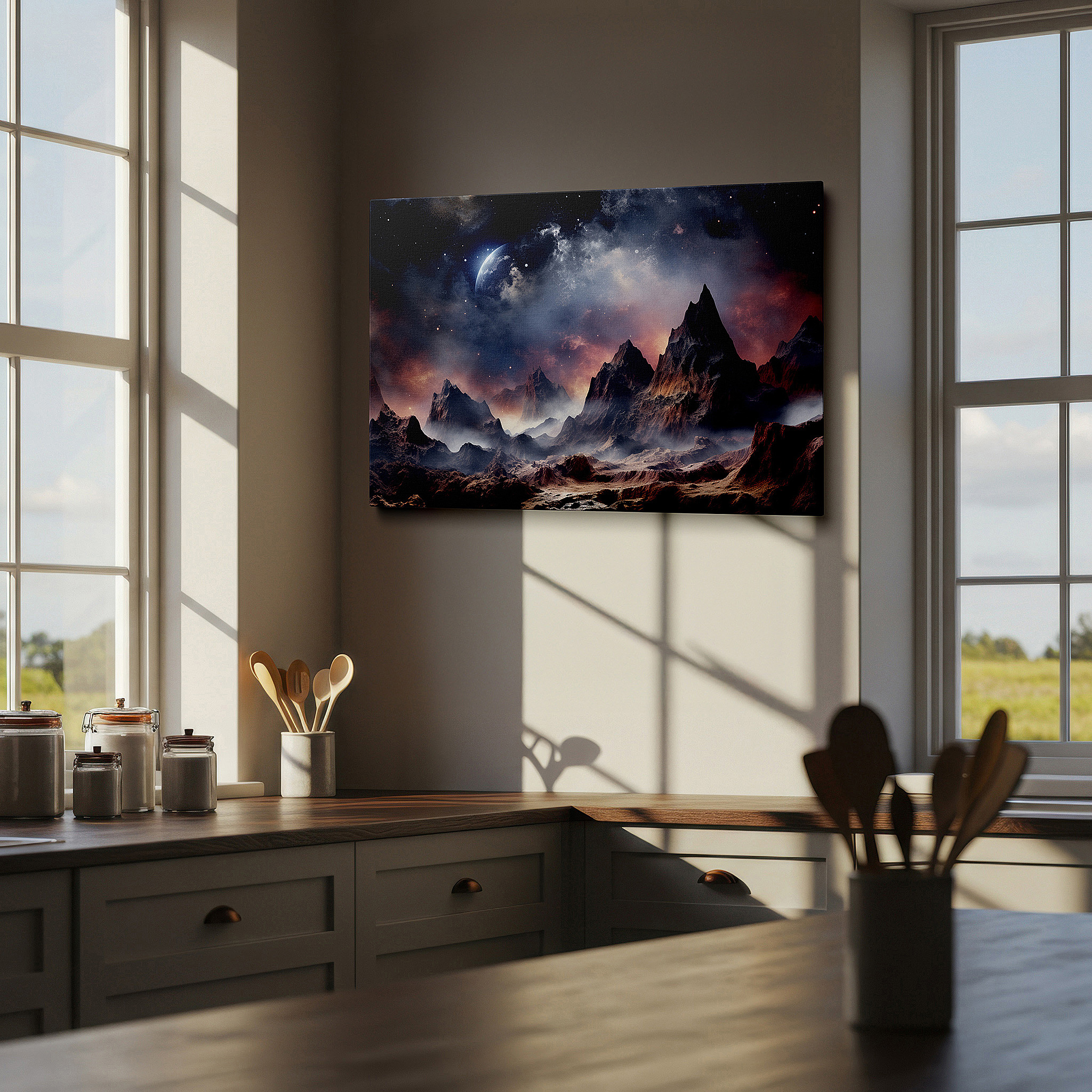 At 60×40 cm, this format fits effortlessly over dressers or benches — surreal alien landscape wall art: ethereal mountains and cosmic splendor - large canvas art for office and bedroom decor