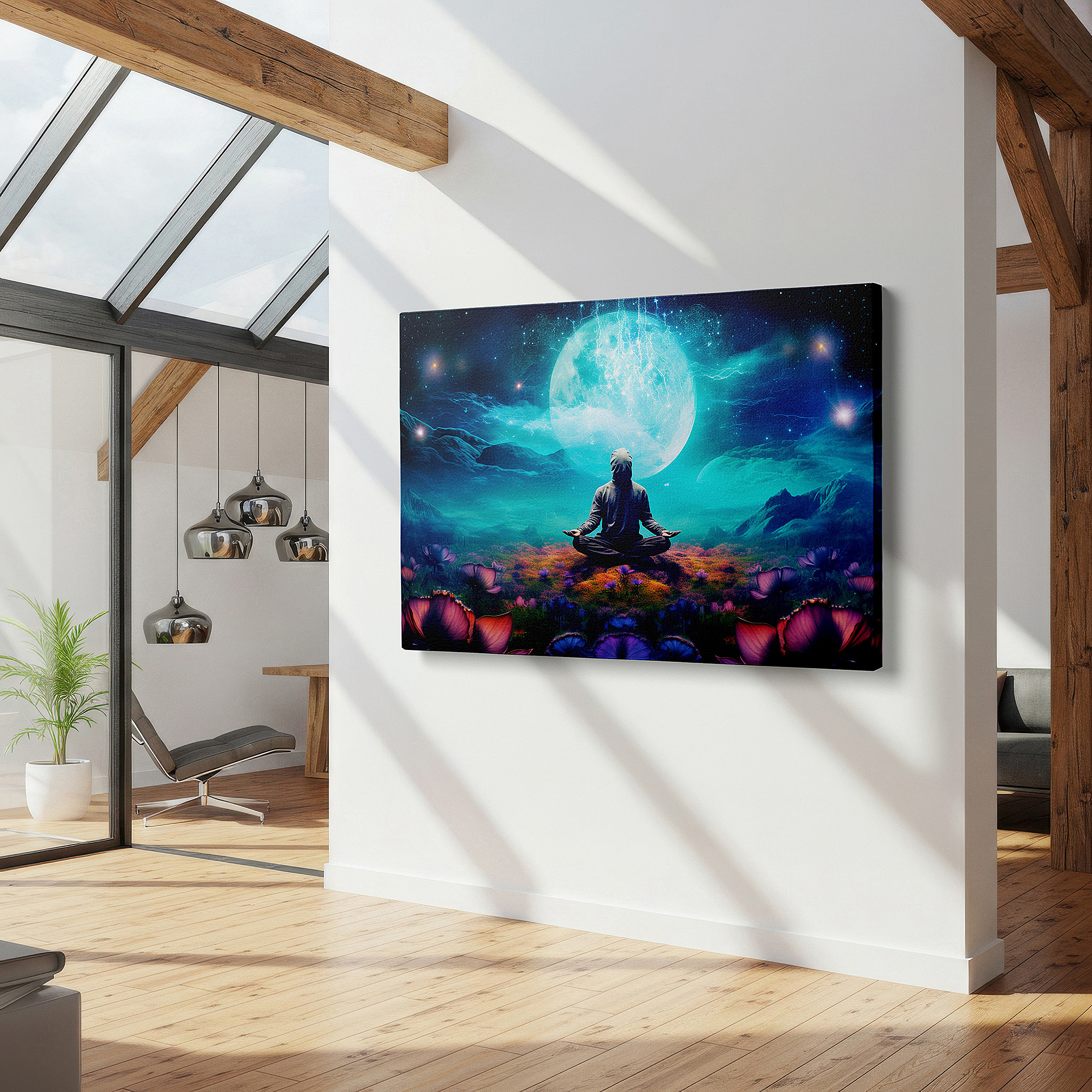 At 60×40 cm, this format fits effortlessly over dressers or benches — tranquil meditation under the celestial moon wall art: a harmonious blend of nature and cosmos, large canvas wall art for office decor