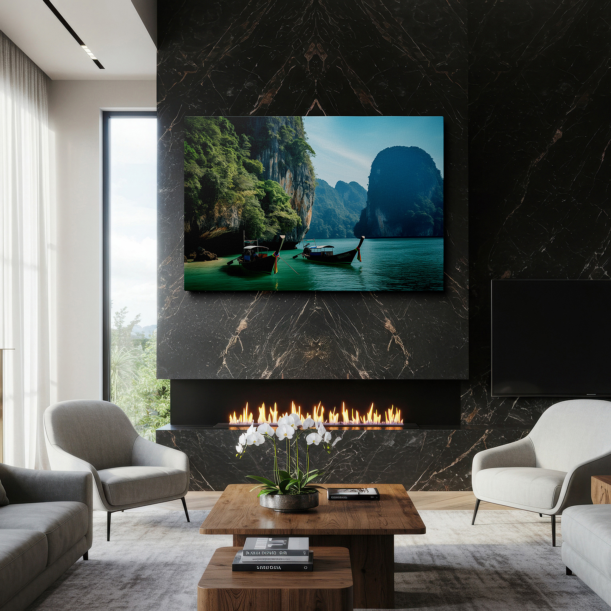At 60×40 cm, this format fits effortlessly over dressers or benches — tropical paradise scene with boats on turquoise waters and green hills large wall art, canvas wall art, wall decor for office