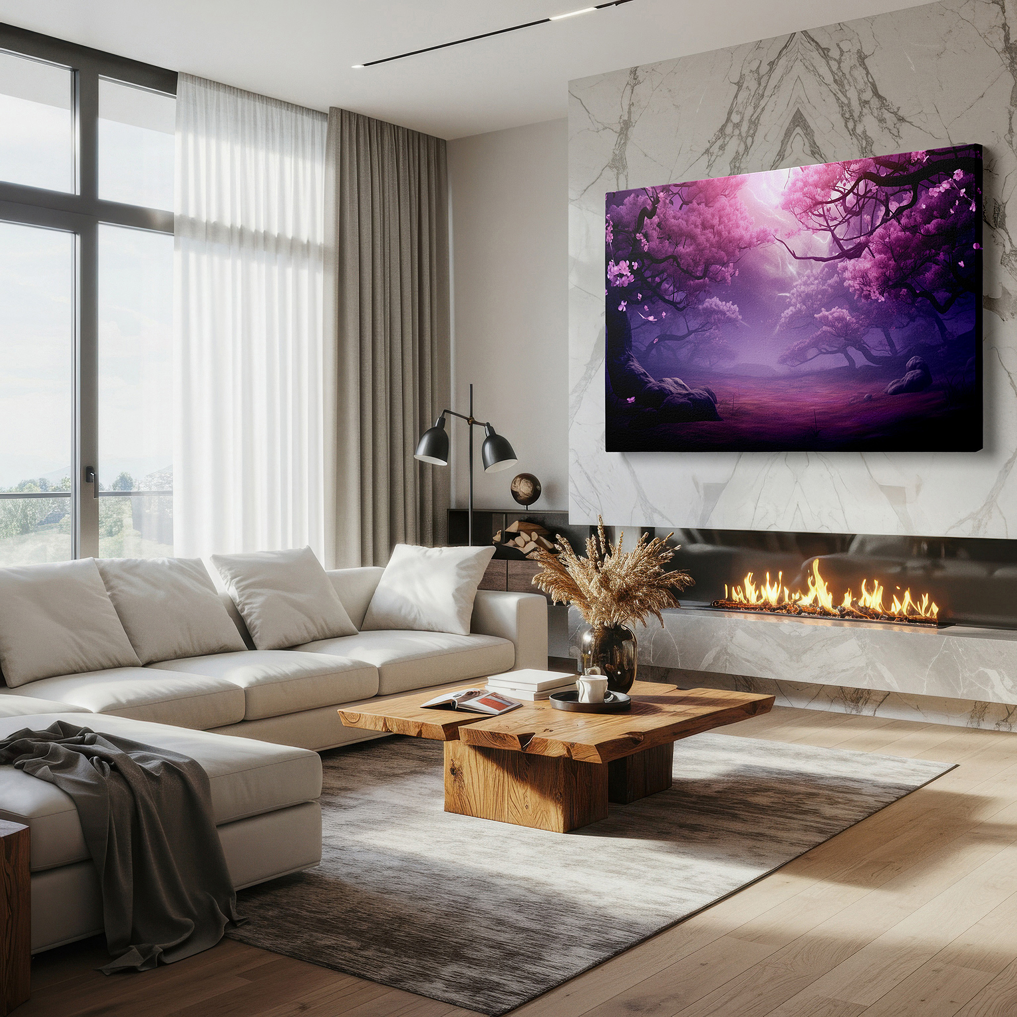 At 60×40 cm, this format fits effortlessly over dressers or benches — twilight enchanted cherry blossom forest, ethereal luminous large wall art, canvas wall decor for office and bedroom