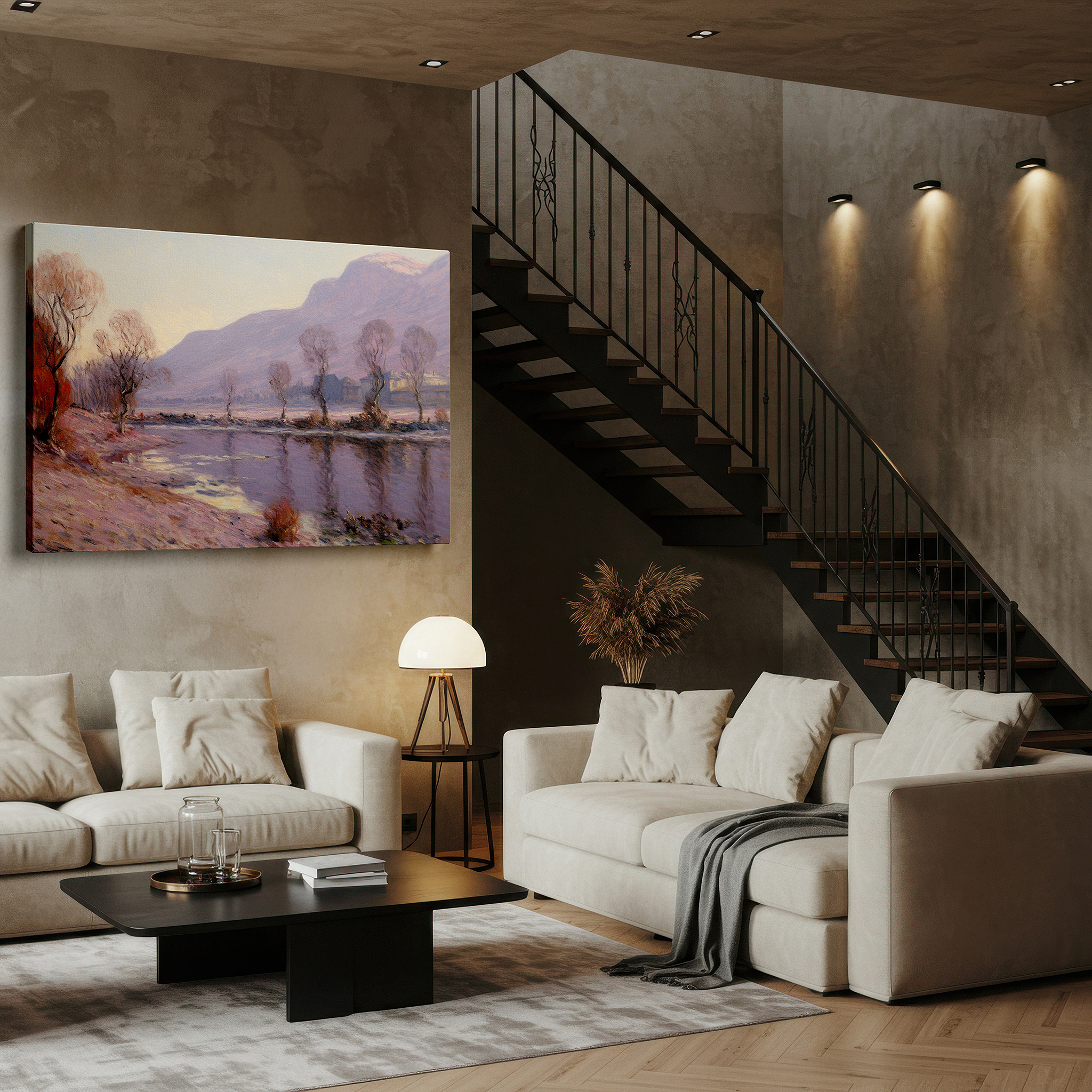 At 60×40 cm, this format fits effortlessly over dressers or benches — twilight serenity: large canvas wall art featuring reflective lakeside and silhouetted trees for office and bedroom decor