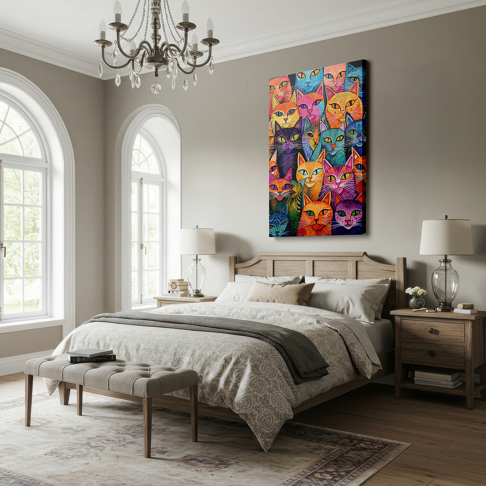 At 60×40 cm, this format fits effortlessly over dressers or benches — vibrant cat portraits collage: celebrating feline diversity and personality - large wall art, canvas wall art, wall decor for office and bedroom