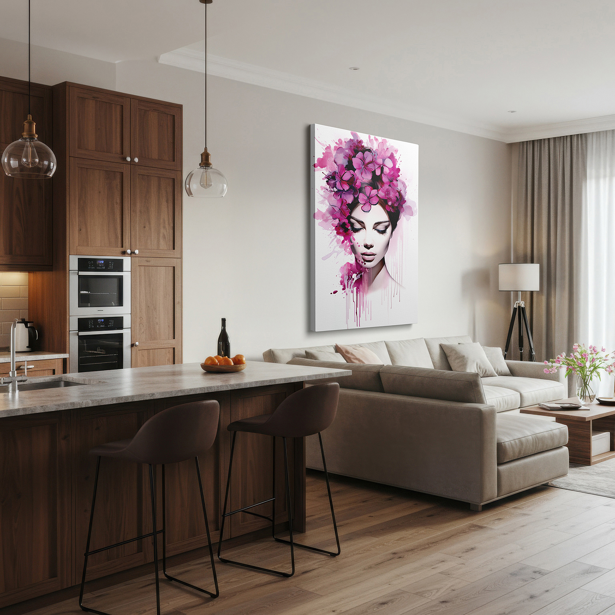 At 60×40 cm, this format fits effortlessly over dressers or benches — vibrant pink flowers dreamlike embrace large canvas wall art for office and bedroom decor