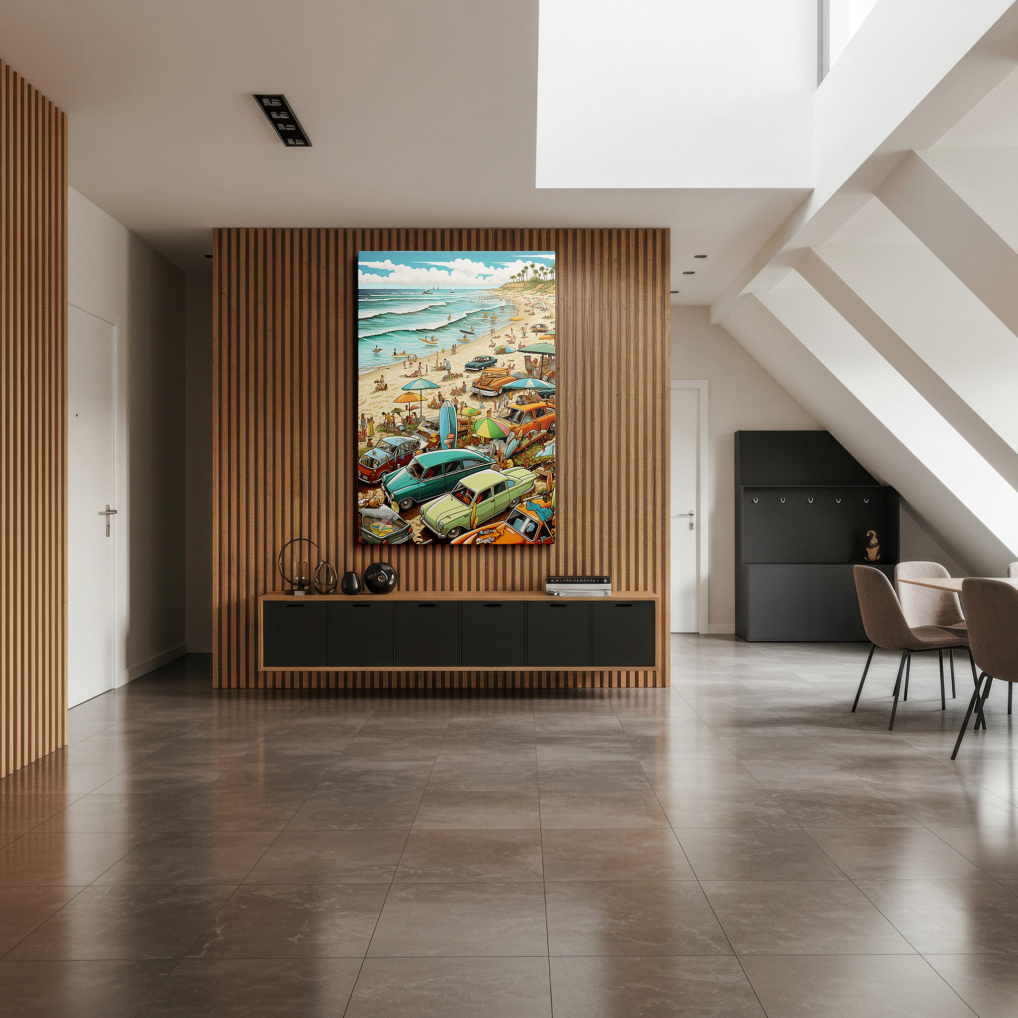 At 60×40 cm, this format fits effortlessly over dressers or benches — vibrant retro beach scene featuring classic cars and sunny days - large canvas wall art for office, bedroom, and living room decor
