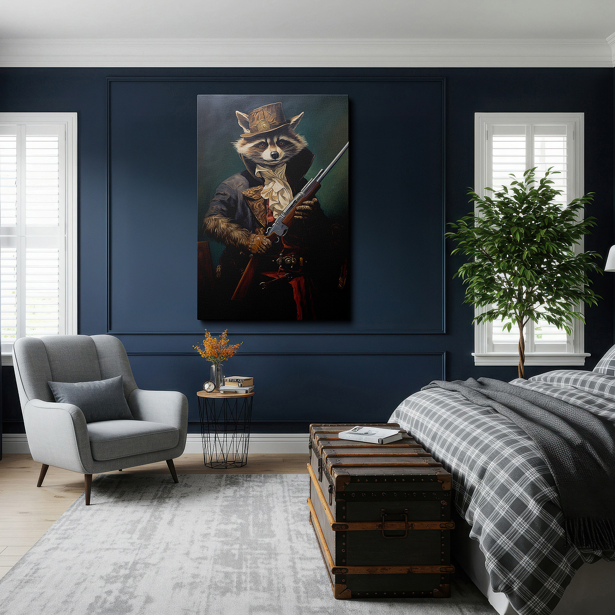 At 60×40 cm, this format fits effortlessly over dressers or benches — victorian-era raccoon in royal outfit with antique rifle in lush forest scene - large canvas wall art for office and bedroom decor