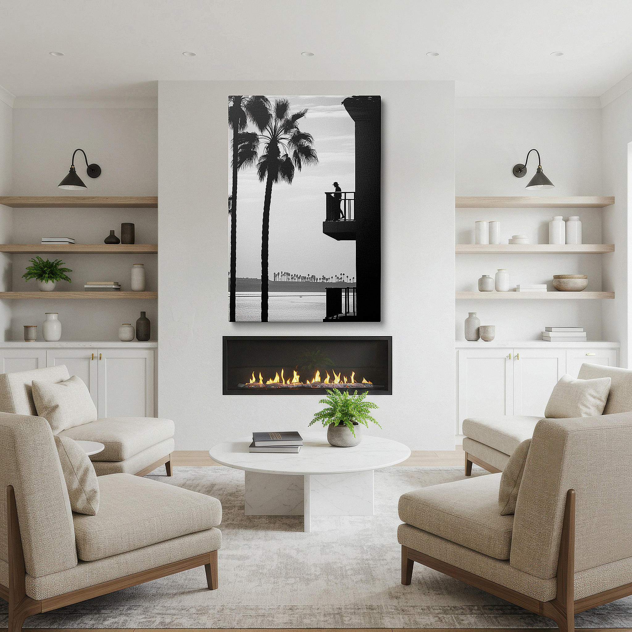 At 60×40 cm, this format fits effortlessly over dressers or benches — wall art: peaceful solitude on a balcony with a view of a quiet coastal landscape and palm trees - large canvas wall art for home and office decor