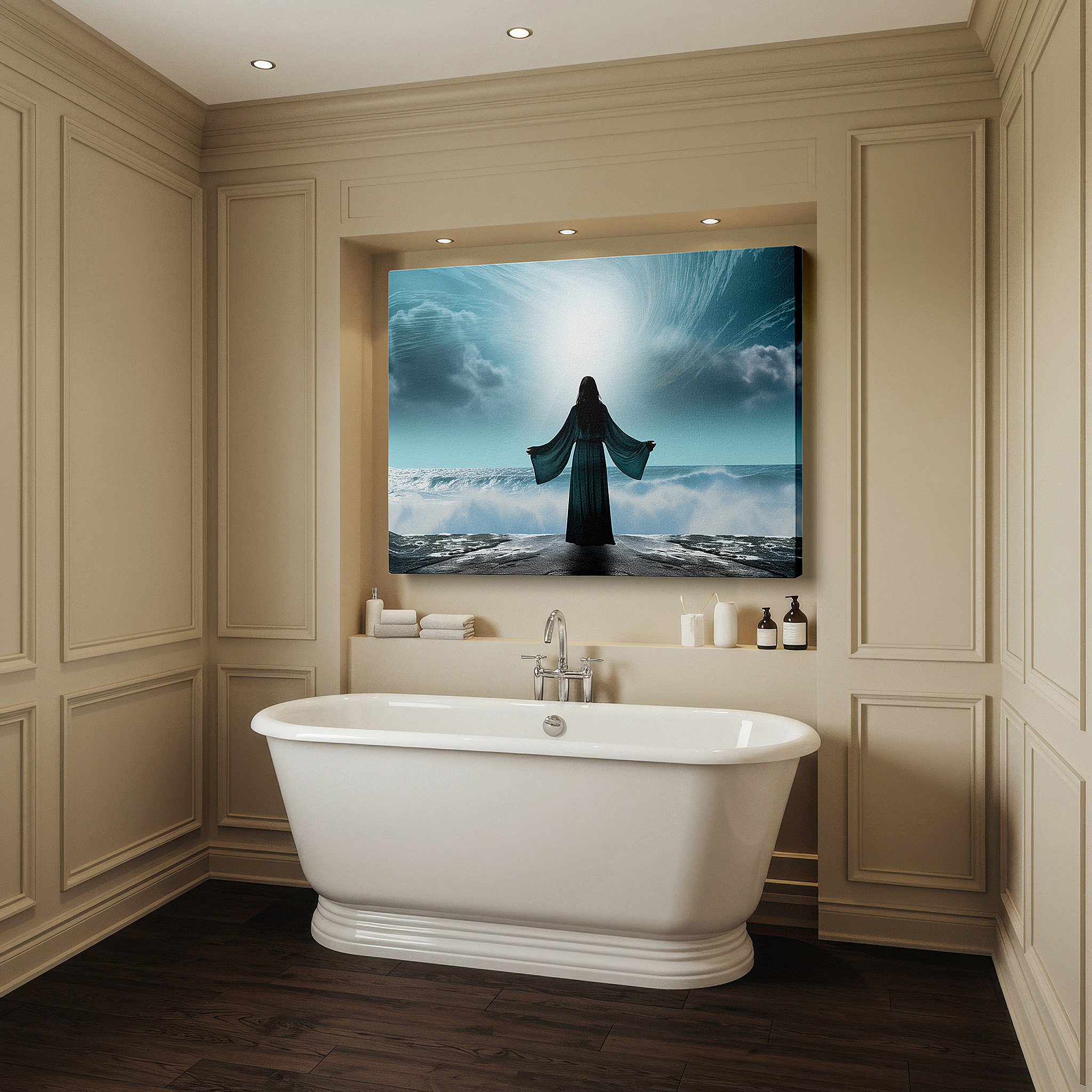 At 60×40 cm, this format fits effortlessly over dressers or benches — wall art: serene seascape with figure on cliff - embrace nature's grandeur and peacefulness. ideal for home or office decor, large canvas wall art.