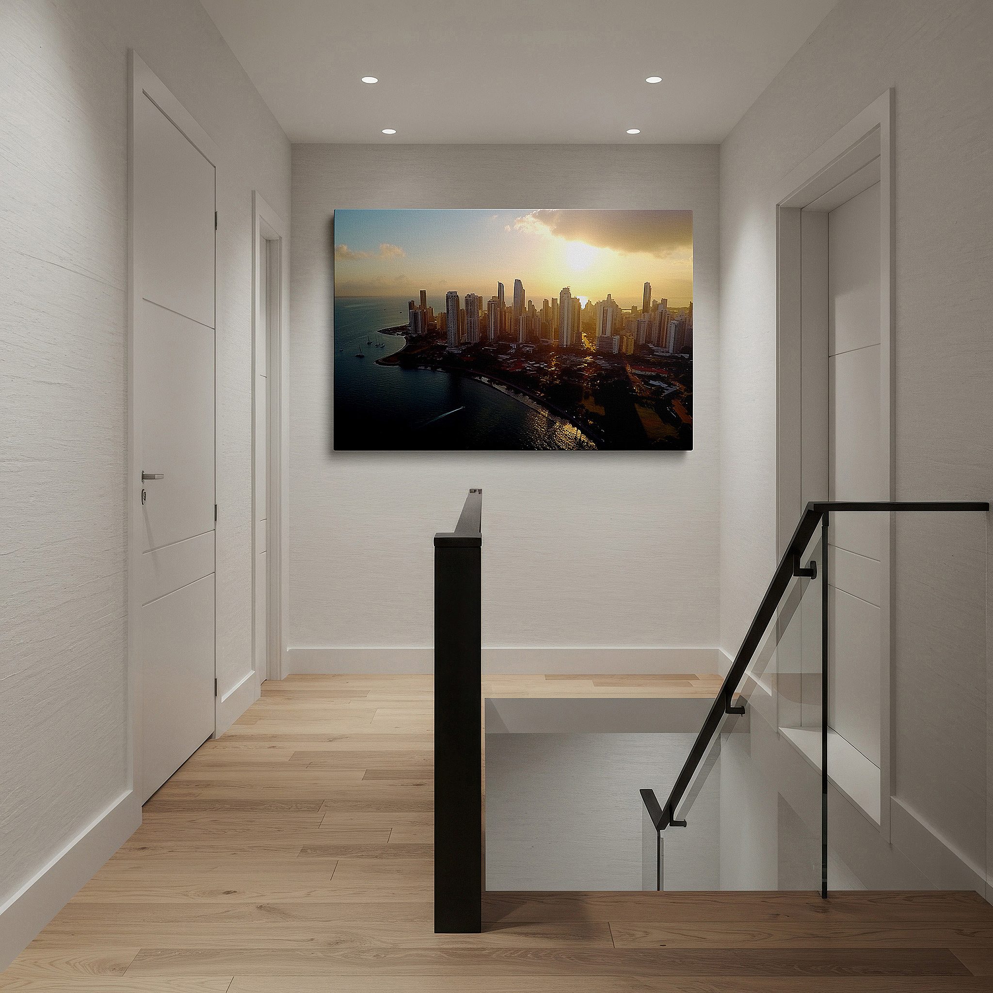 At 60×40 cm, this format fits effortlessly over dressers or benches — wall art: sunset cityscape - celebrating urban innovation and modern vibrancy, large canvas art for home and office decor
