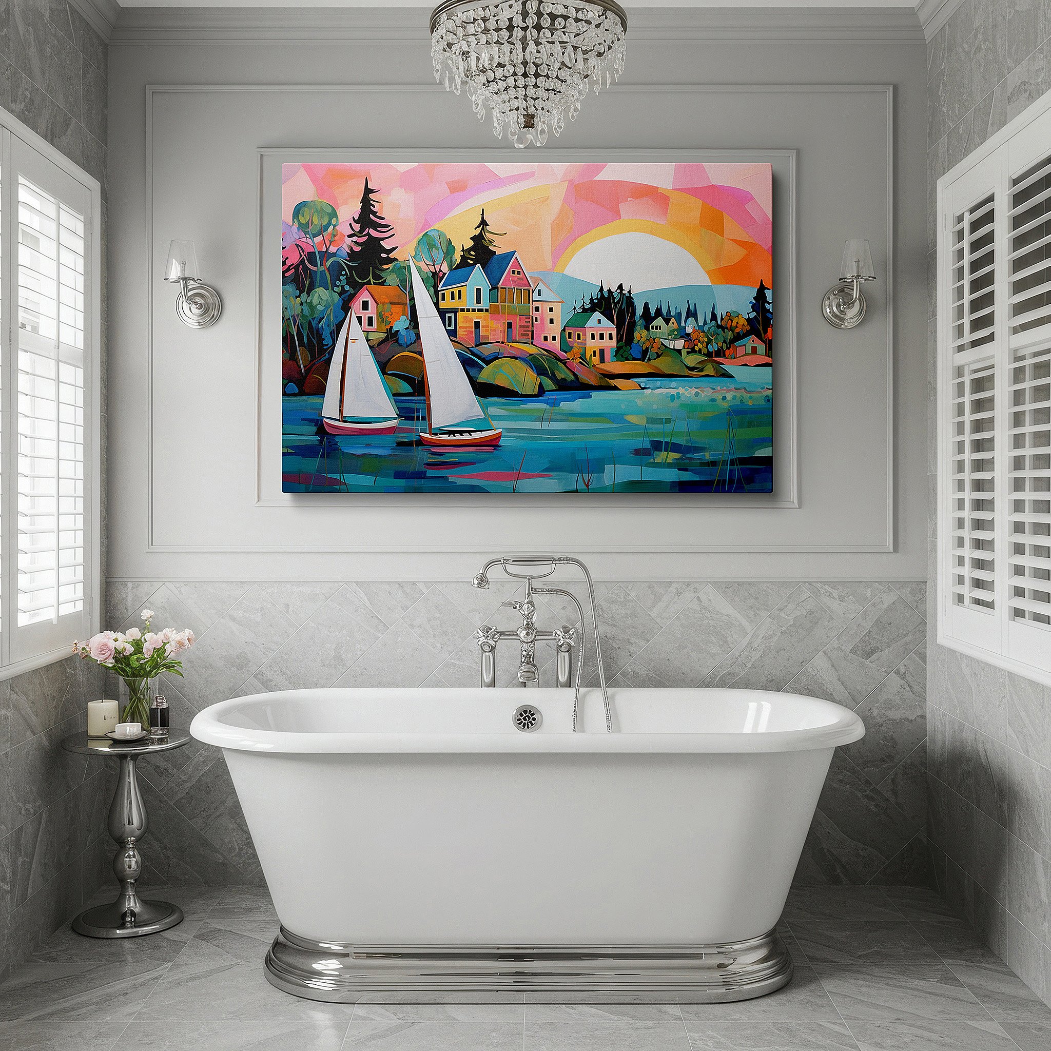 At 60×40 cm, this format fits effortlessly over dressers or benches — wall art: tranquil seaside landscape featuring sailboats on sparkling waters, vibrant coastal town, and grand mountains - large canvas wall art