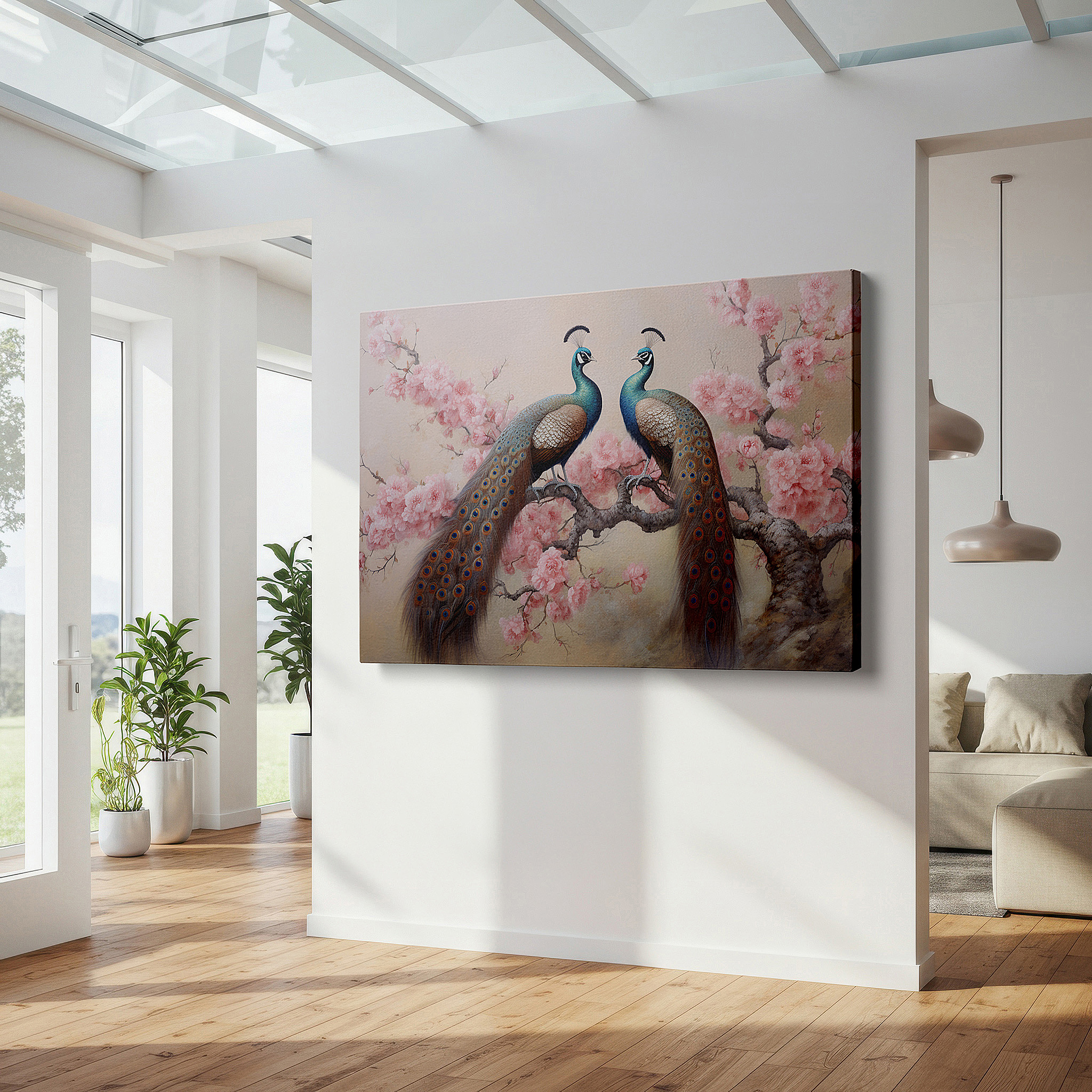 At 60×40 cm, this format fits effortlessly over dressers or benches — wall decor: elegant peacocks and cherry blossoms, symbols of beauty and rebirth - large canvas art for home and office