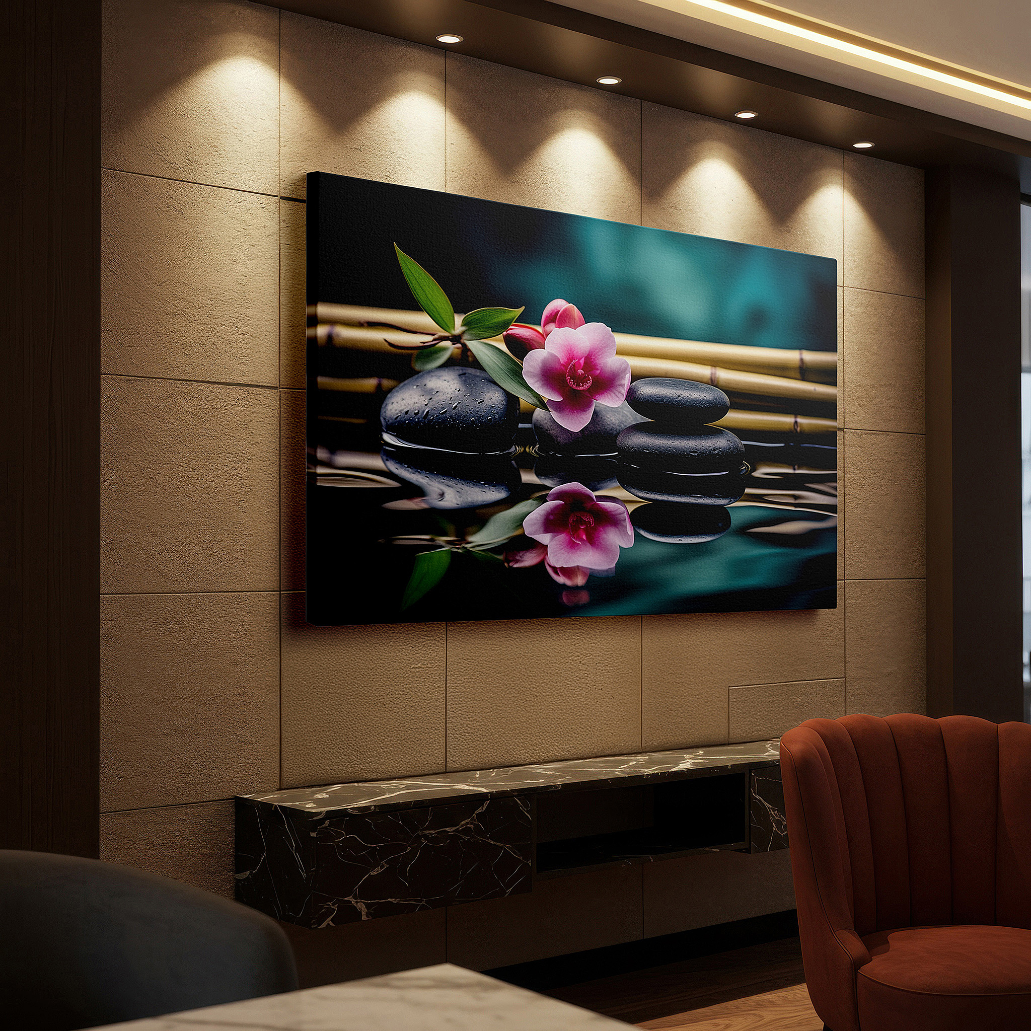 At 60×40 cm, this format fits effortlessly over dressers or benches — zen garden wall art: serene harmony, tranquil stones, and reflective waters - large canvas for office and bedroom decor