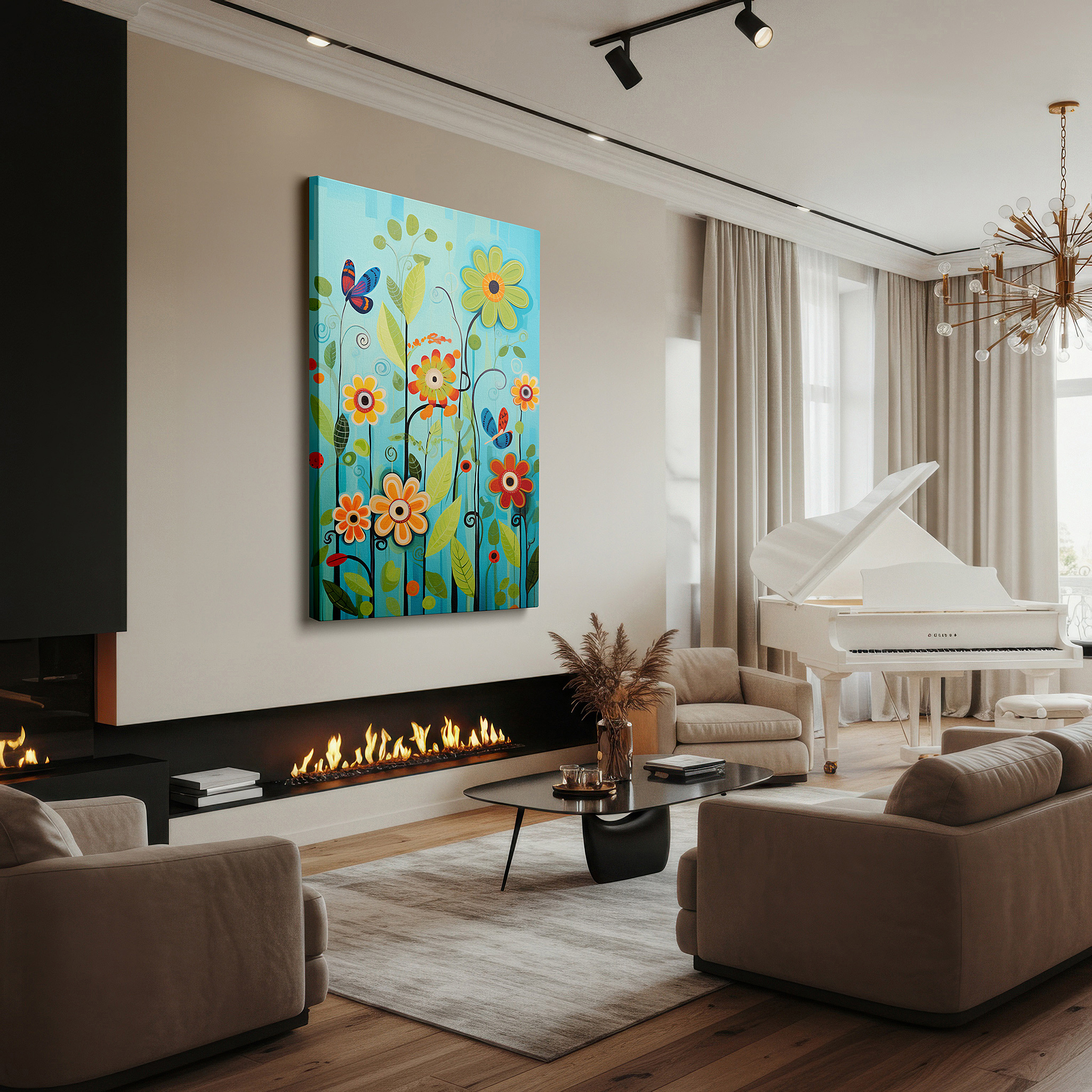 The 75×50 cm version anchors medium rooms without dominating them — abstract whimsical flowers on a vibrant blue background, large canvas wall art featuring a fusion of vibrant colors