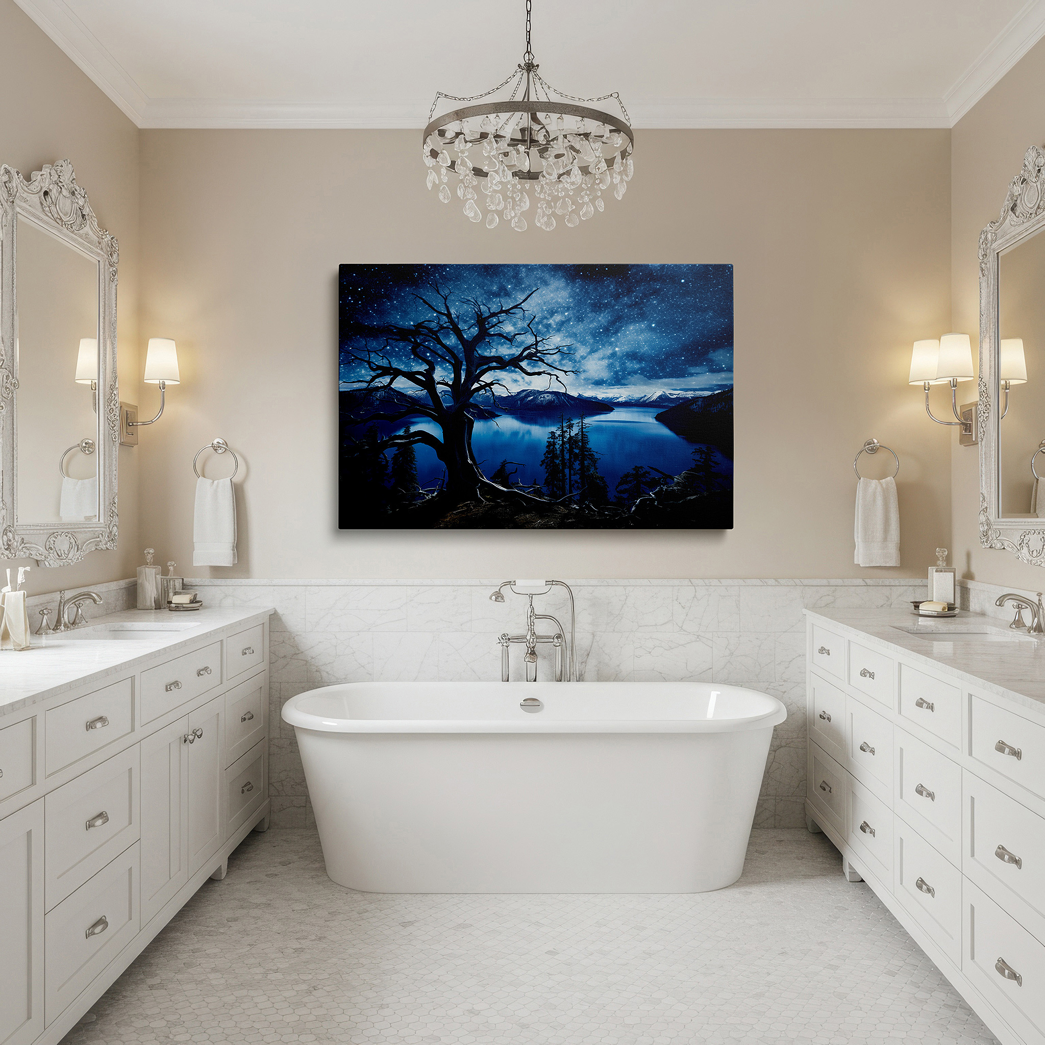 The 75×50 cm version anchors medium rooms without dominating them — ancient tree silhouette against a starry sky with tranquil lake reflection large wall art, canvas wall art, wall decor