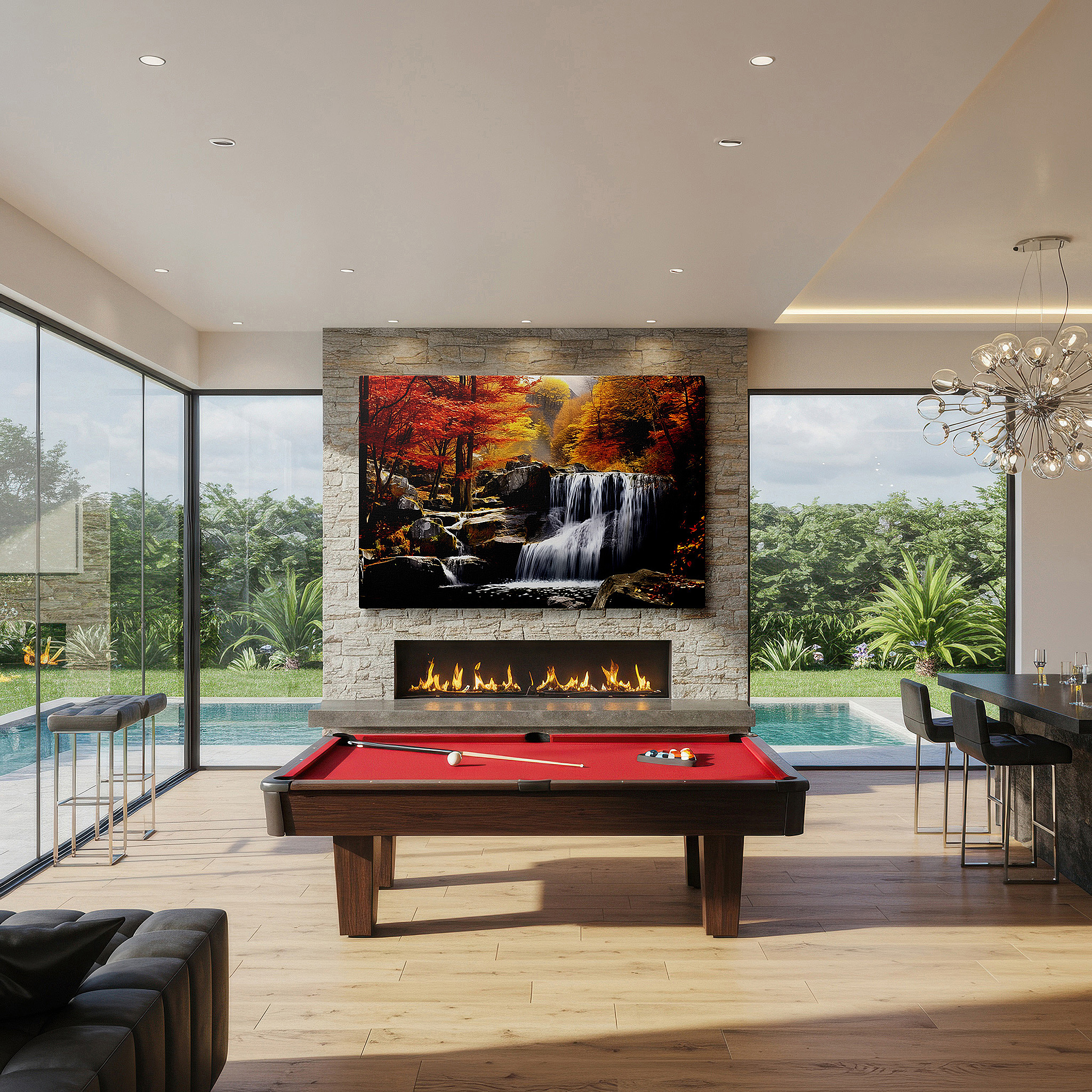 The 75×50 cm version anchors medium rooms without dominating them — autumn waterfall with bright foliage, tranquil forest scene large wall art, canvas wall decor for office and bedroom