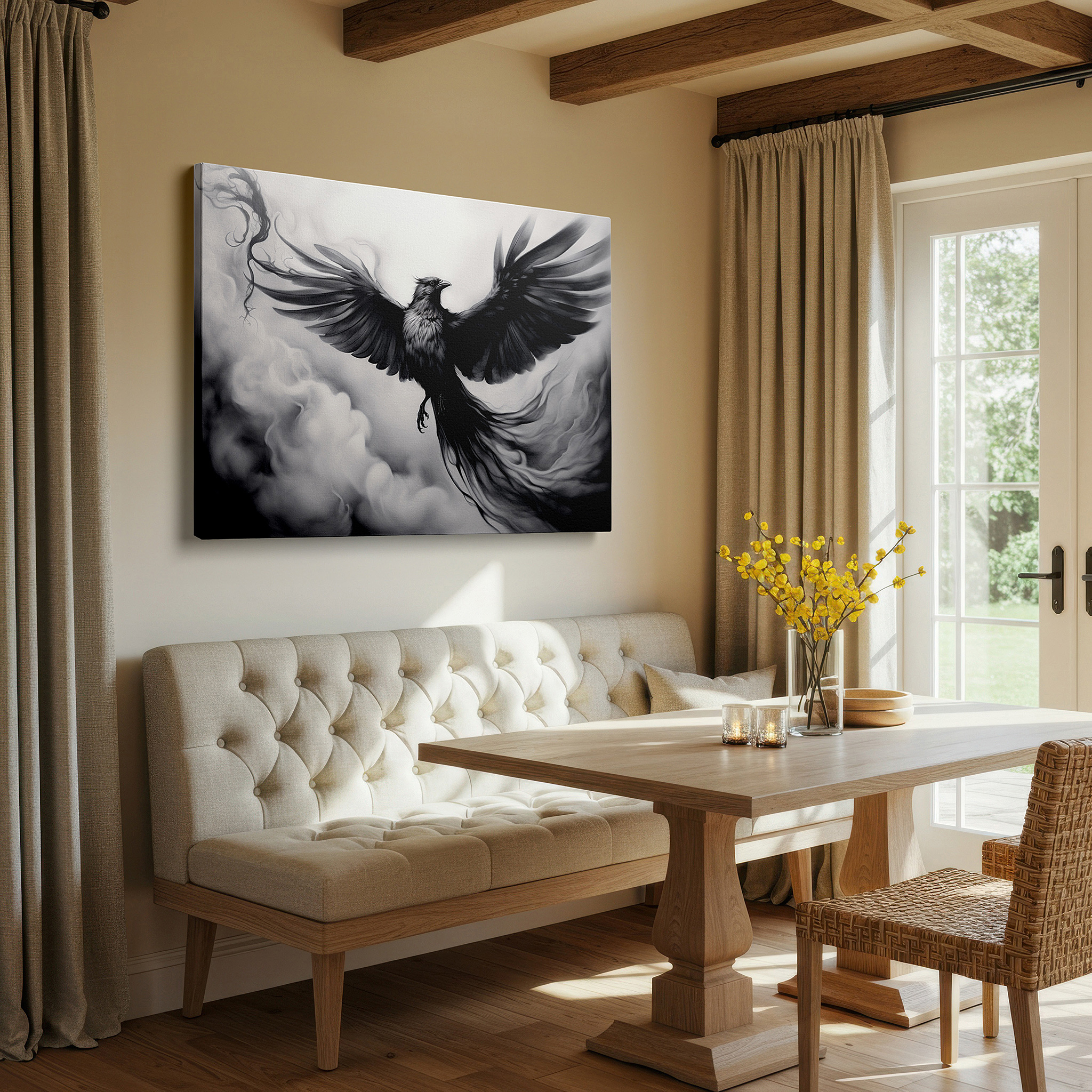 The 75×50 cm version anchors medium rooms without dominating them — black bird soaring in monochrome sky: symbol of freedom and nature's power - large canvas wall art for office decor