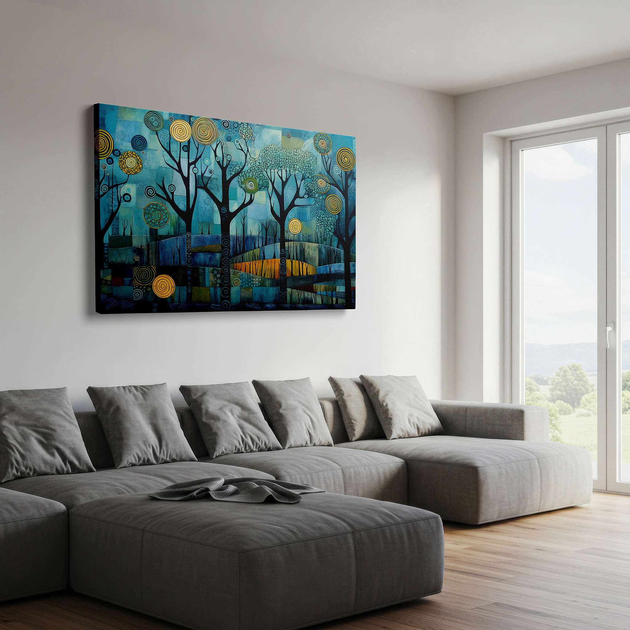 The 75×50 cm version anchors medium rooms without dominating them — blue and yellow ethereal trees with dynamic swirls, dreamy abstract nature dance large wall art, canvas wall art, wall decor for office