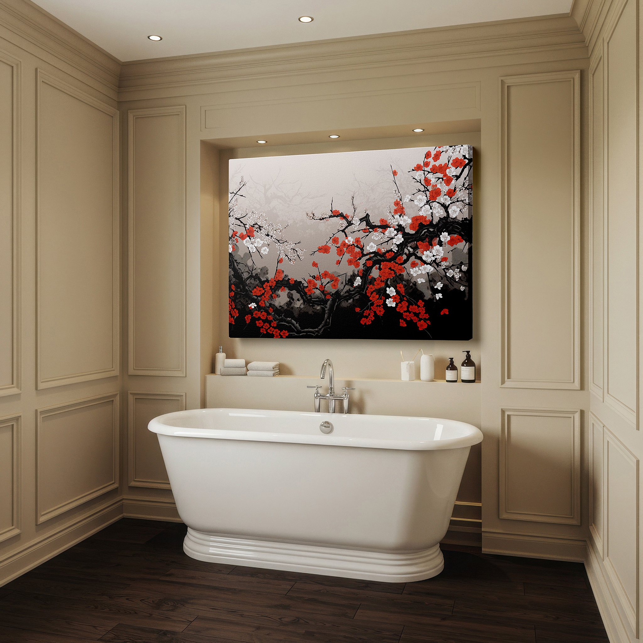 The 75×50 cm version anchors medium rooms without dominating them — cherry blossoms in spring dance canvas wall art, large wall decor for office, evoking serenity and joy