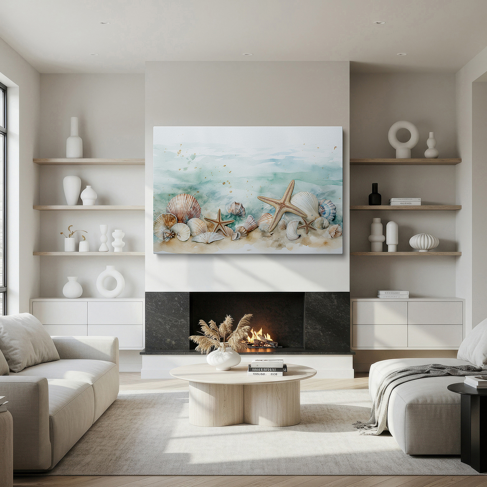 The 75×50 cm version anchors medium rooms without dominating them — coastal charm wall art: featuring meticulously crafted shells and starfish on a sandy background - ideal for living room, bedroom, or office decor