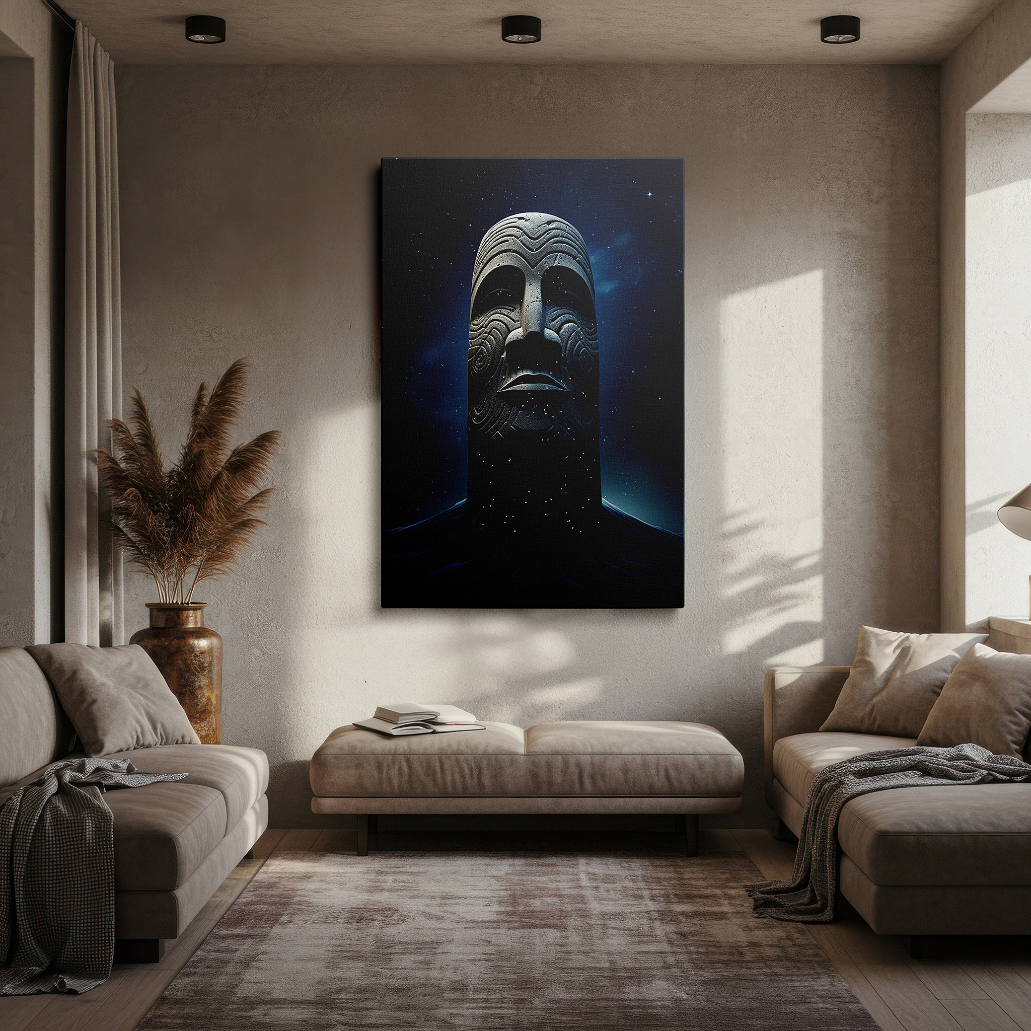The 75×50 cm version anchors medium rooms without dominating them — cosmic dance of light and infinity: large wall art for office, bedroom, and living room