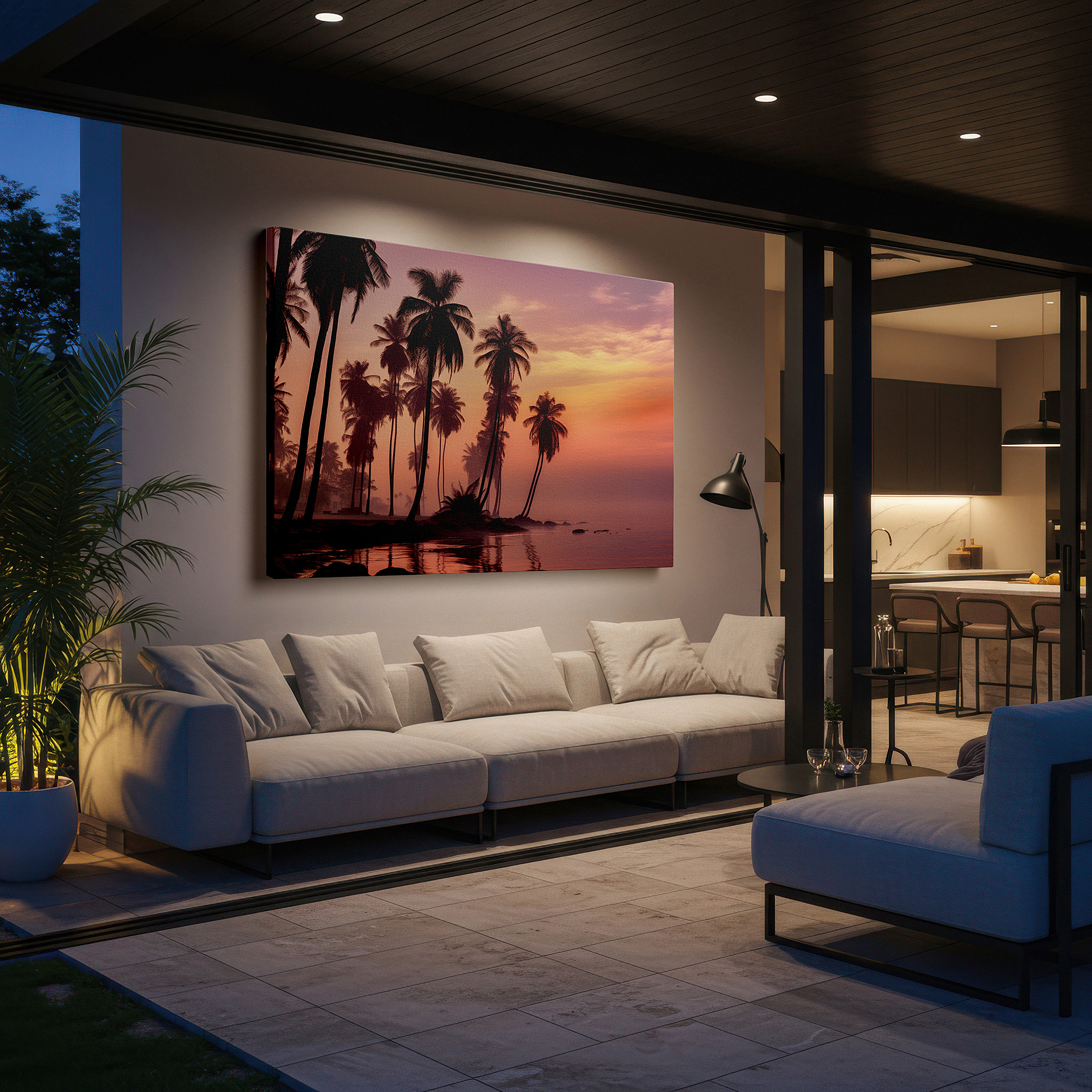 The 75×50 cm version anchors medium rooms without dominating them — dawn's gentle embrace: silhouettes of palms against a vibrant morning sky - large canvas wall art for home and office decor