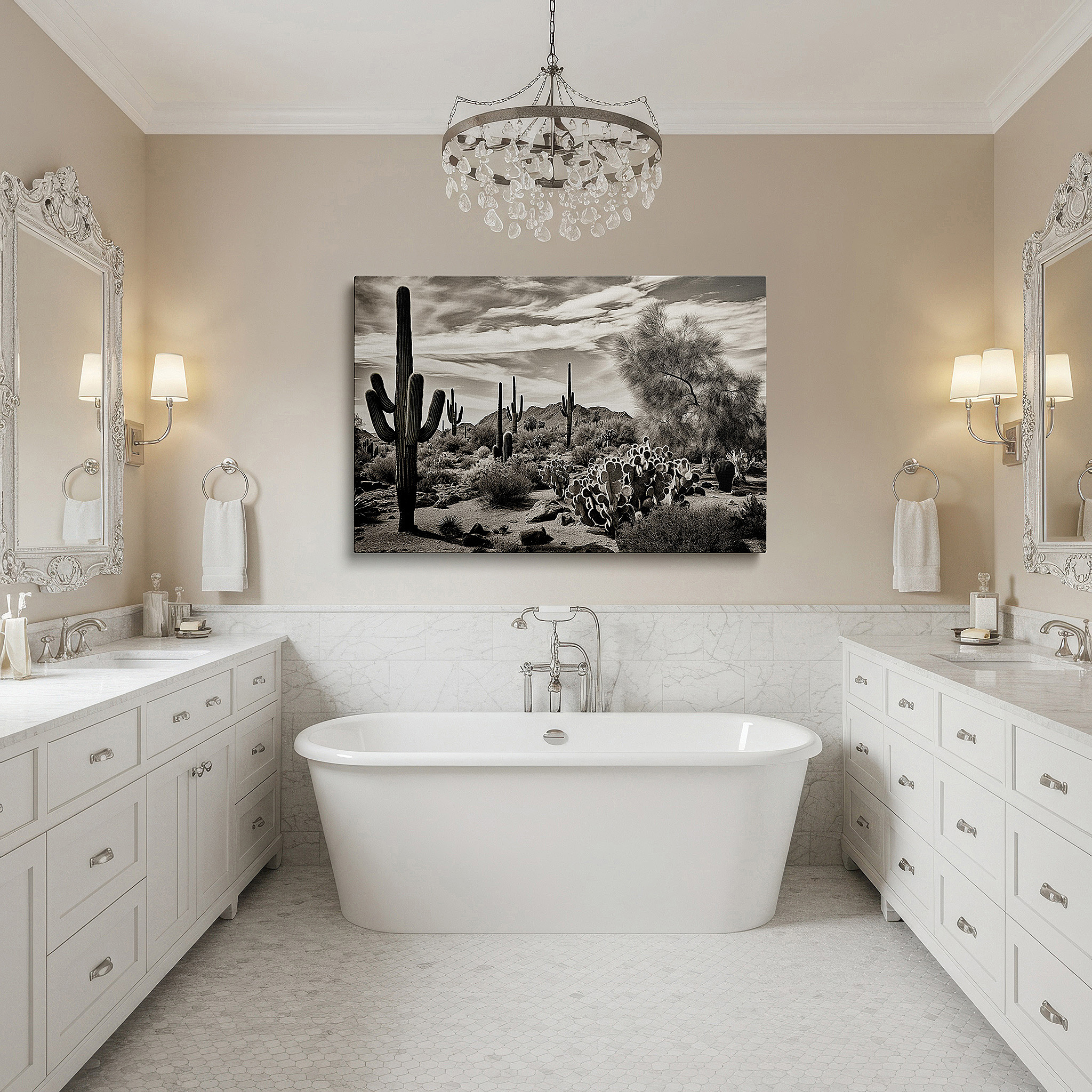 The 75×50 cm version anchors medium rooms without dominating them — desert majesty wall art: serene saguaro cacti, dramatic clouds, and rugged mountains - large canvas for office or bedroom decor