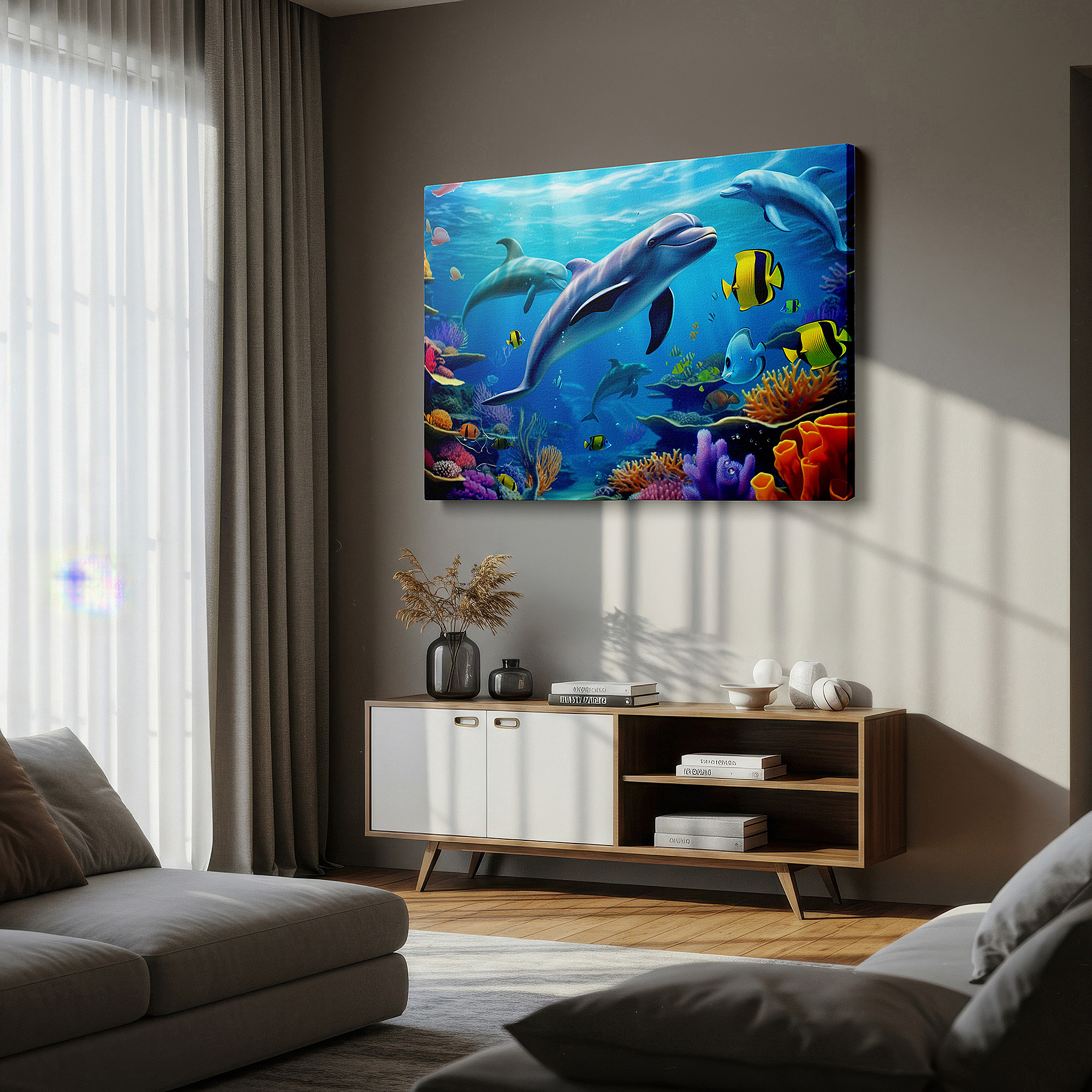 The 75×50 cm version anchors medium rooms without dominating them — dolphin and coral reef wall art - tranquil underwater symphony - large canvas for home and office decor