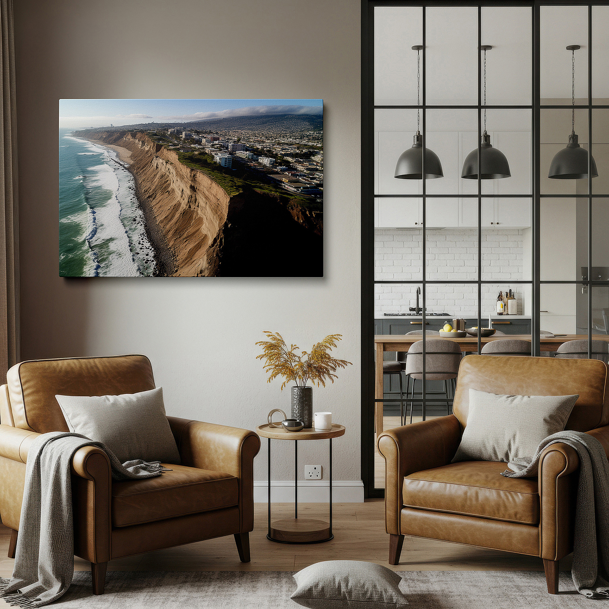 The 75×50 cm version anchors medium rooms without dominating them — dramatic coastal cliffs and peaceful seas - large wall art for coastal landscapes, canvas art, decorative wall art for offices and bedrooms