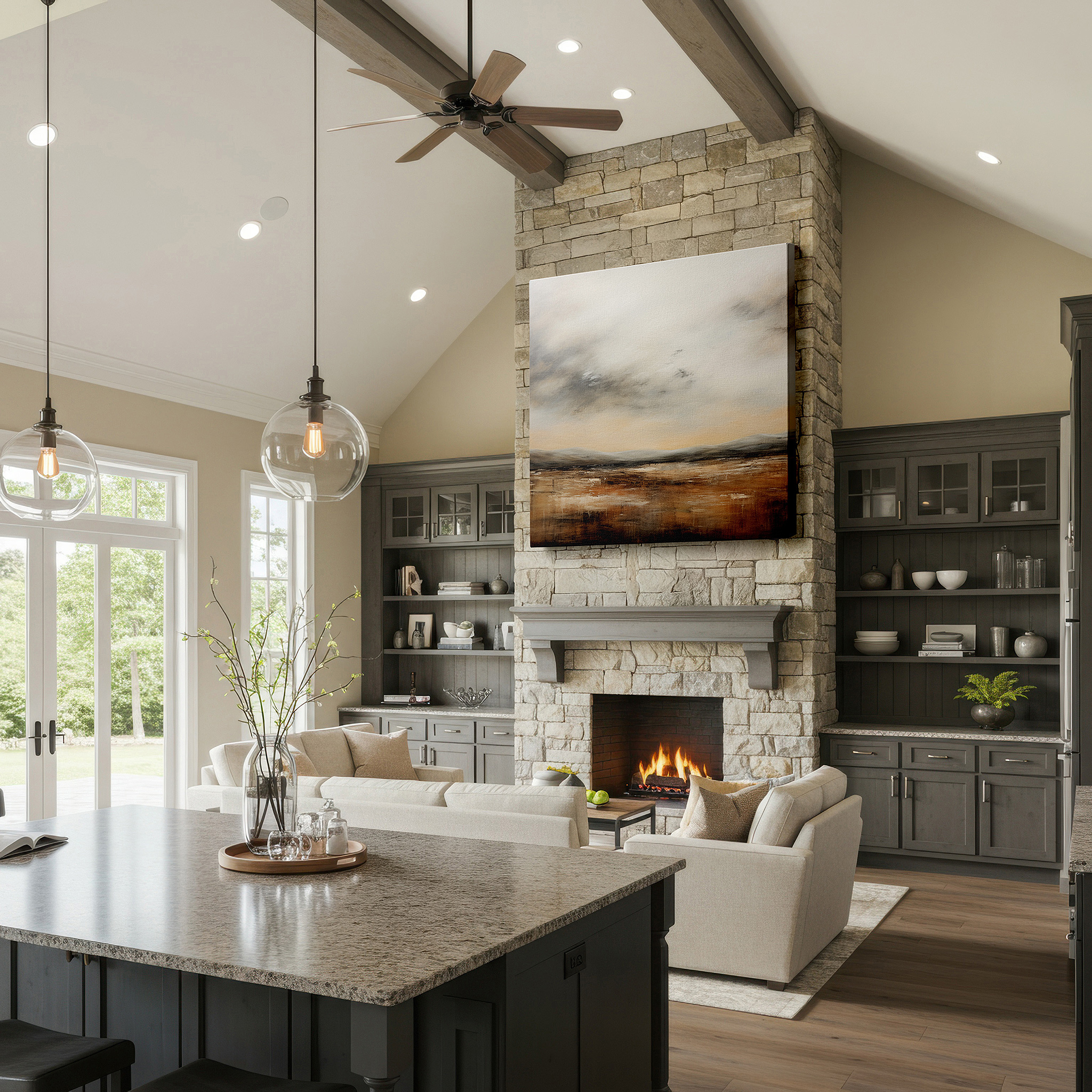 The 75×50 cm version anchors medium rooms without dominating them — dreamlike serene landscape in soft earthy tones: large canvas wall art for peace and reflection, perfect for office decor