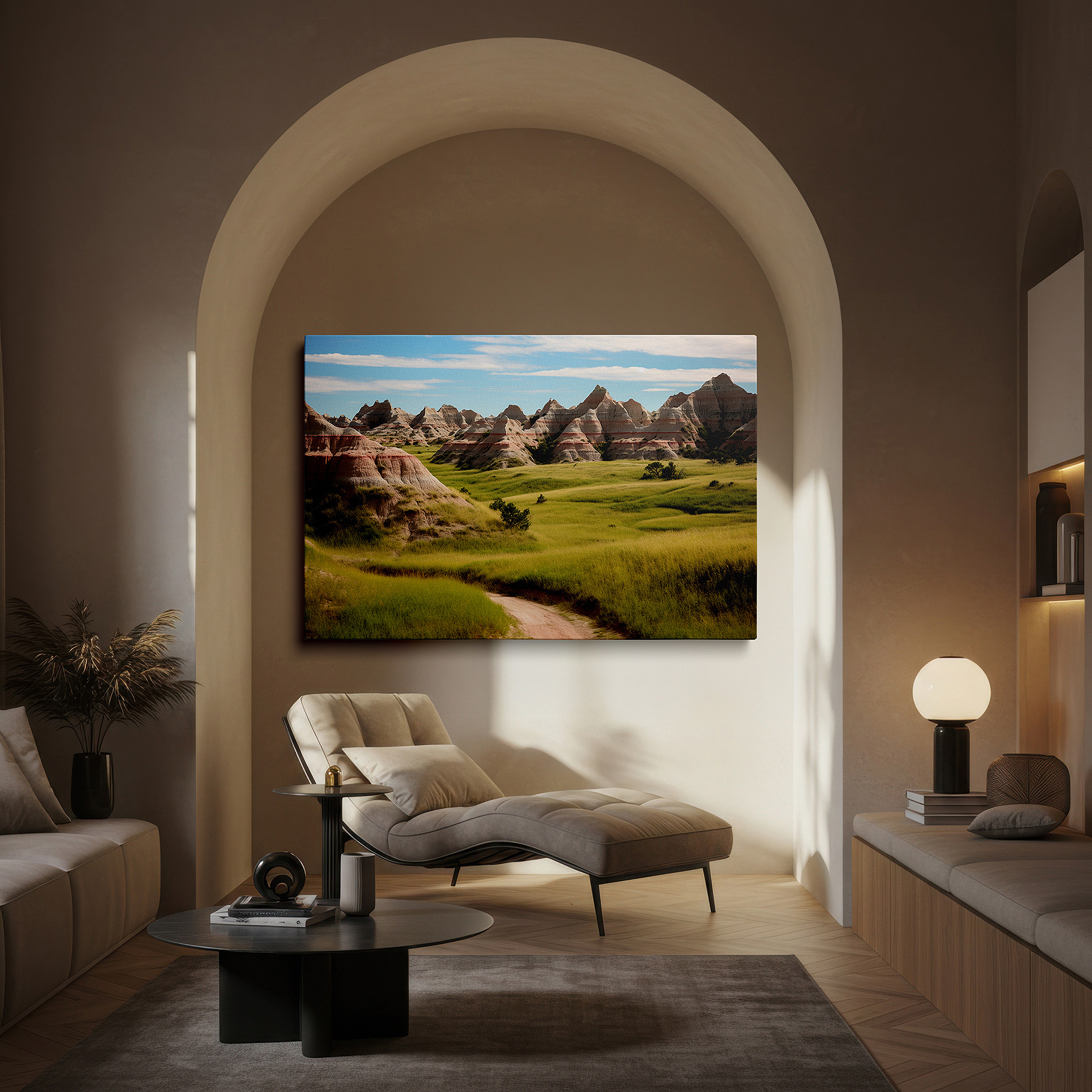 The 75×50 cm version anchors medium rooms without dominating them — dynamic badlands landscape wall art featuring rich earthy tones and textures, ideal for office, bedroom, or living room decor