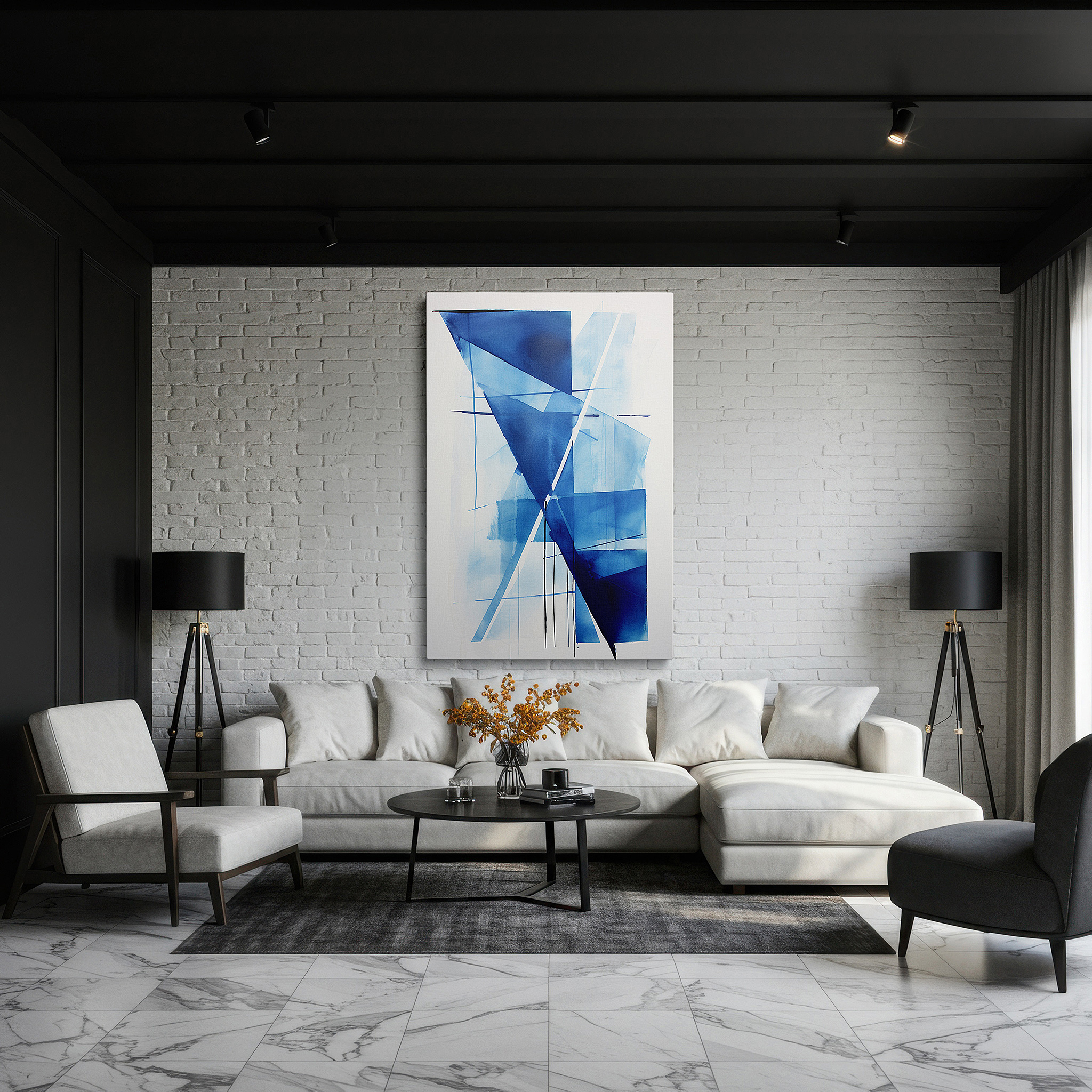 The 75×50 cm version anchors medium rooms without dominating them — dynamic blue abstract: a fusion of shapes and emotions in contemporary aesthetics - large wall art, canvas wall art, wall decor for office and bedroom