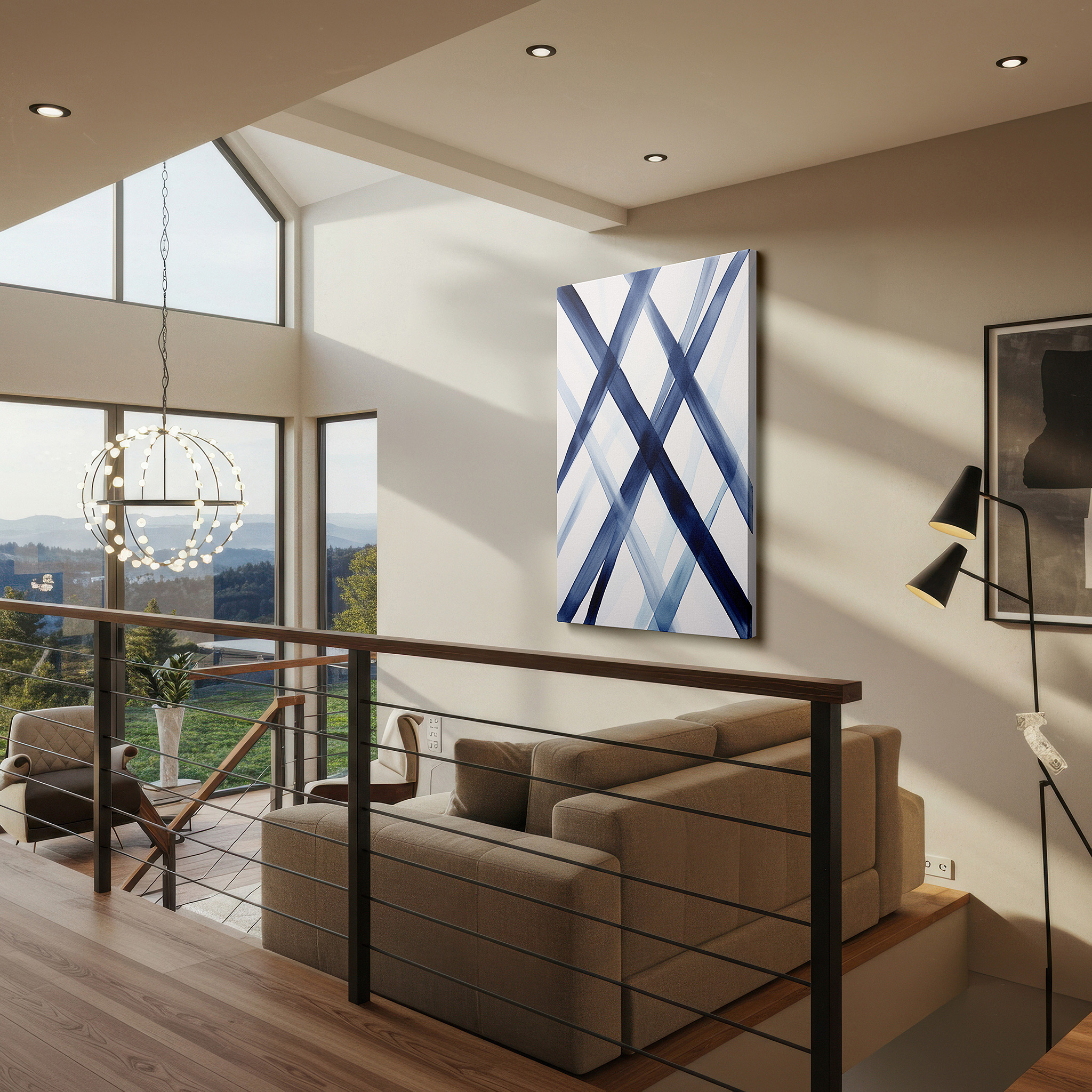 The 75×50 cm version anchors medium rooms without dominating them — elegant abstract art featuring rich blue shades and bold diagonal lines - large canvas wall decor for office and bedroom