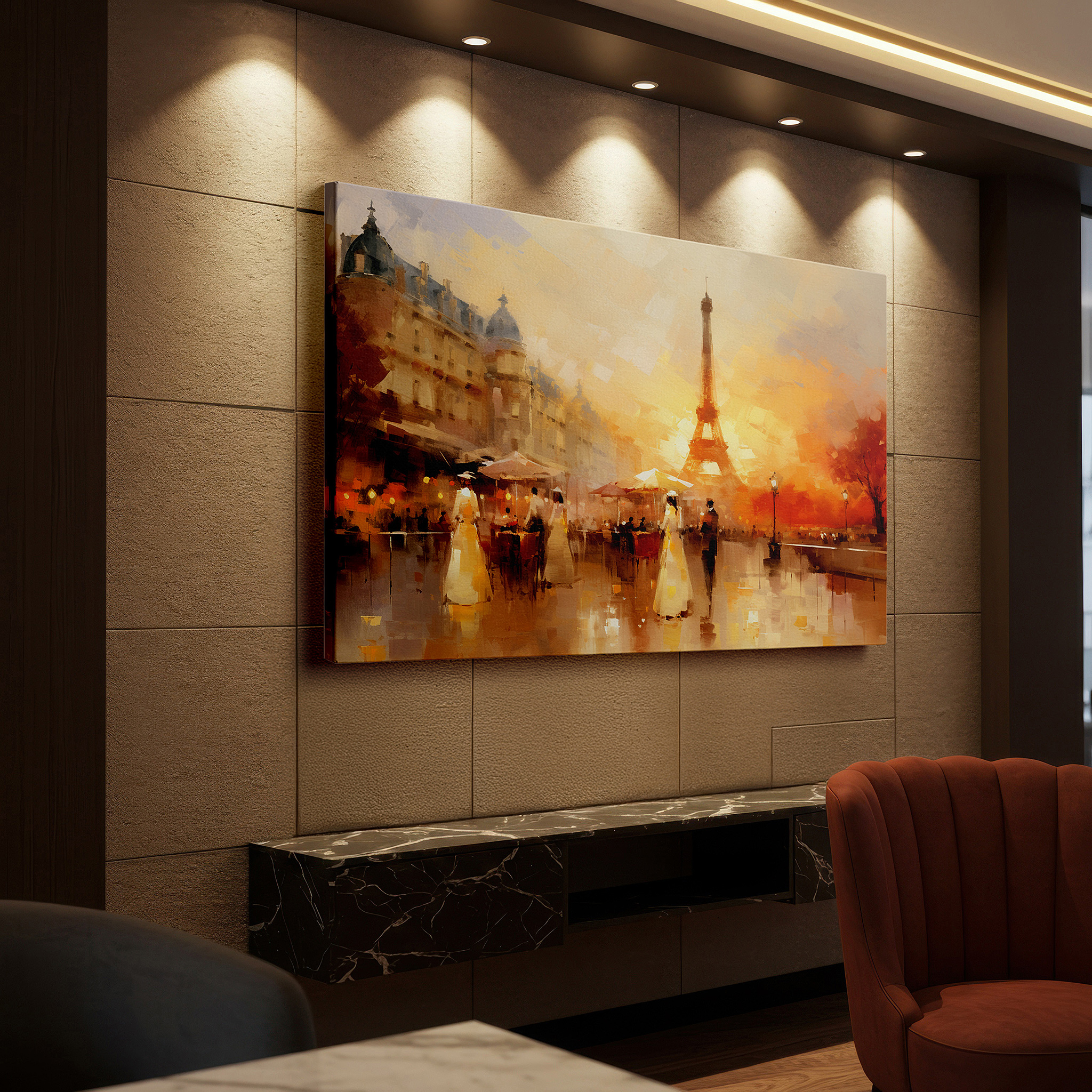 The 75×50 cm version anchors medium rooms without dominating them — elegant parisian sunset with eiffel tower and lively café scene - large canvas wall art for office and bedroom decor