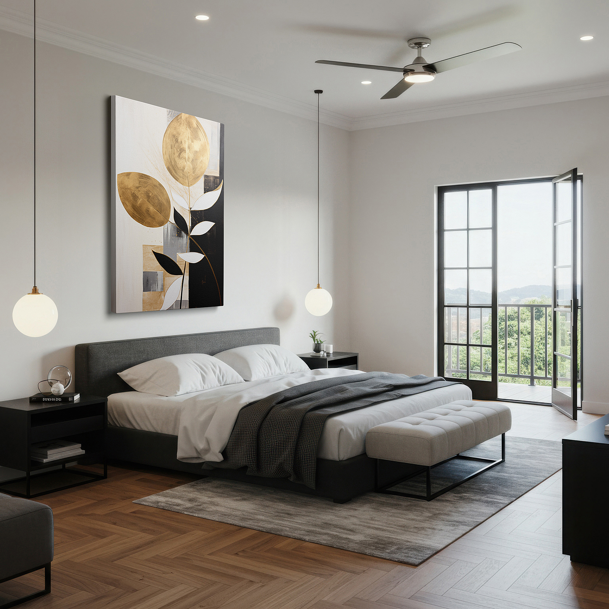 The 75×50 cm version anchors medium rooms without dominating them — elegant wall art featuring golden leaves and geometric designs on a black and white background, large canvas wall art for home and office decor