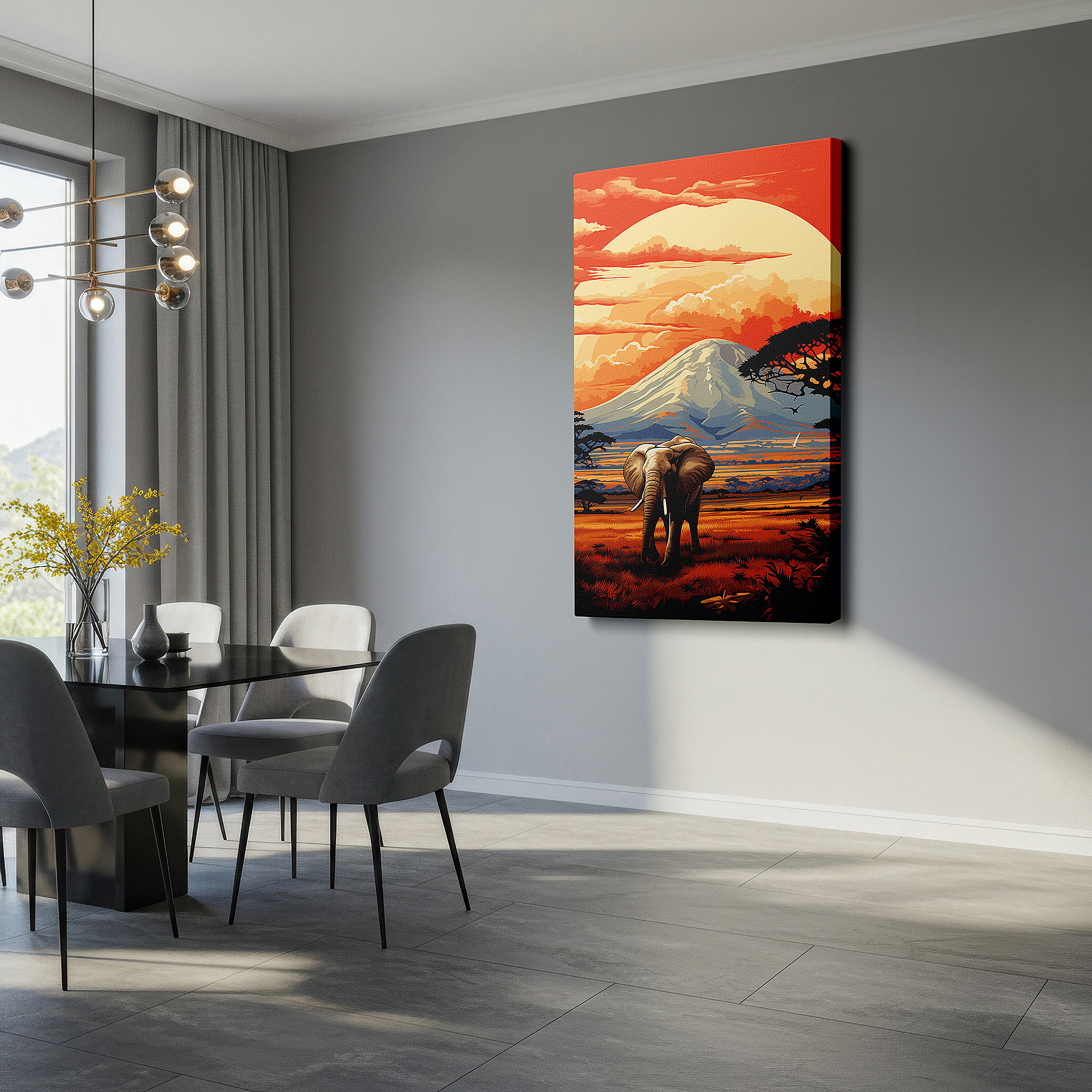 The 75×50 cm version anchors medium rooms without dominating them — elephant silhouette at sunset in africa large canvas wall art for home and office decor