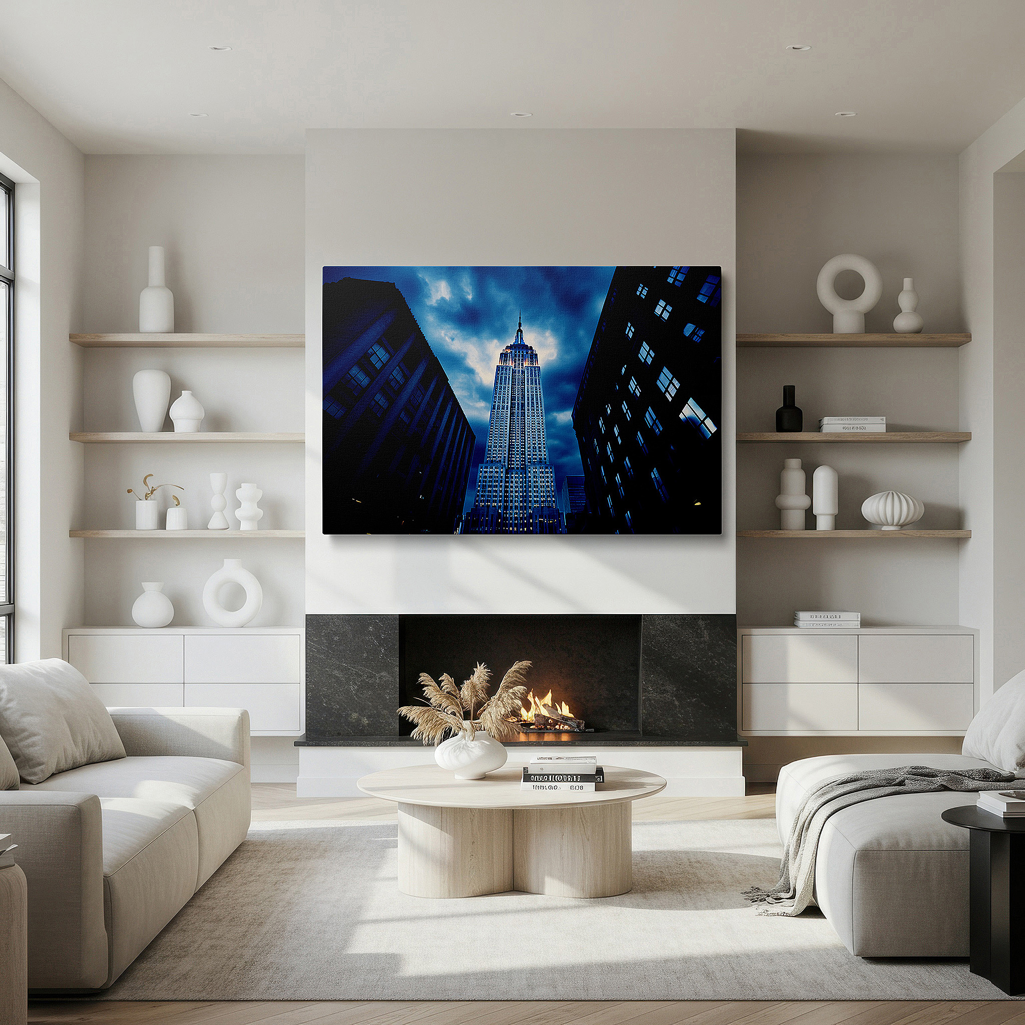 The 75×50 cm version anchors medium rooms without dominating them — empire state building against a dramatic night sky: a tribute to new york's architectural grandeur and ambitious essence - large canvas wall art