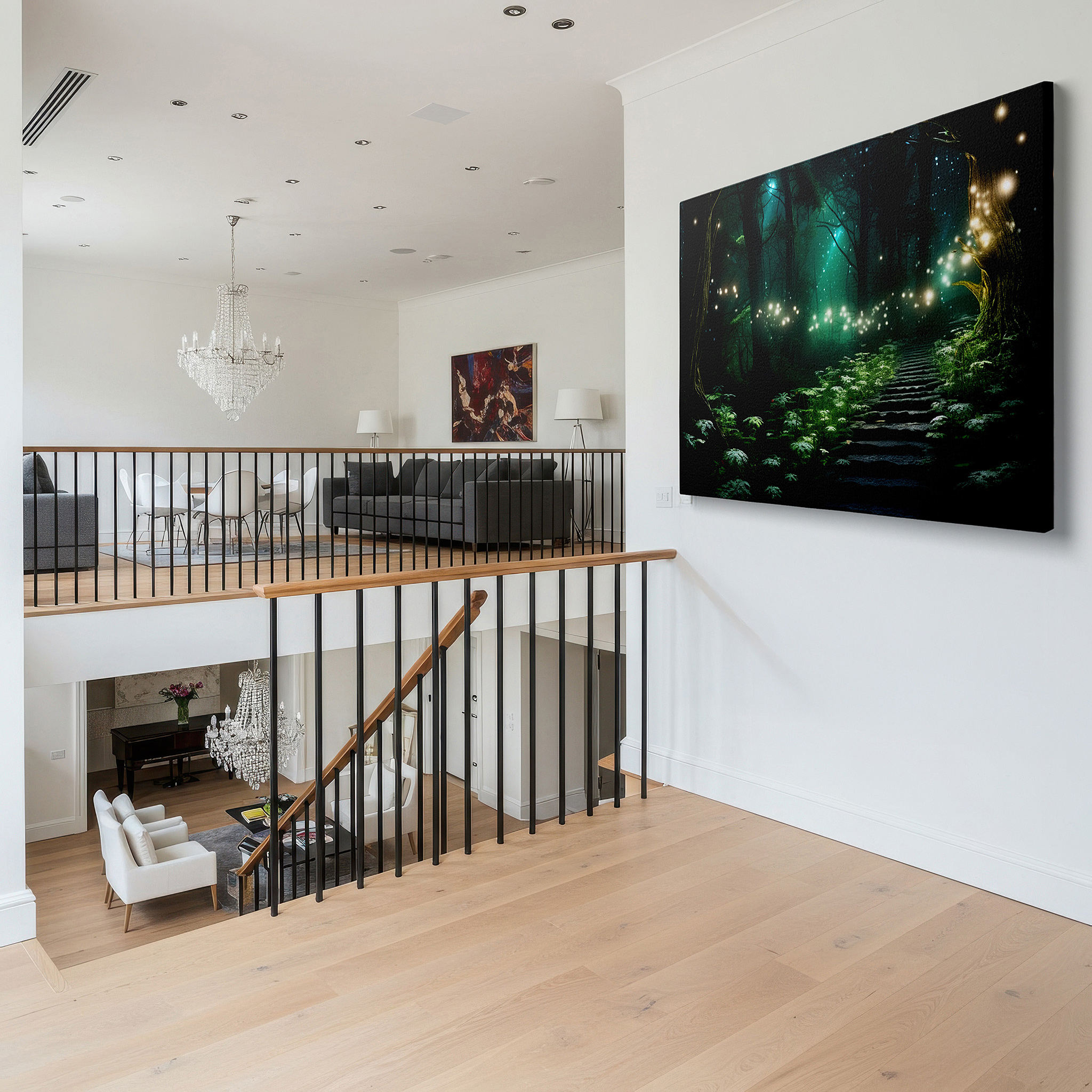The 75×50 cm version anchors medium rooms without dominating them — enchanted forest pathway canvas: radiant light, tranquil and mystical large wall art for office and bedroom decor