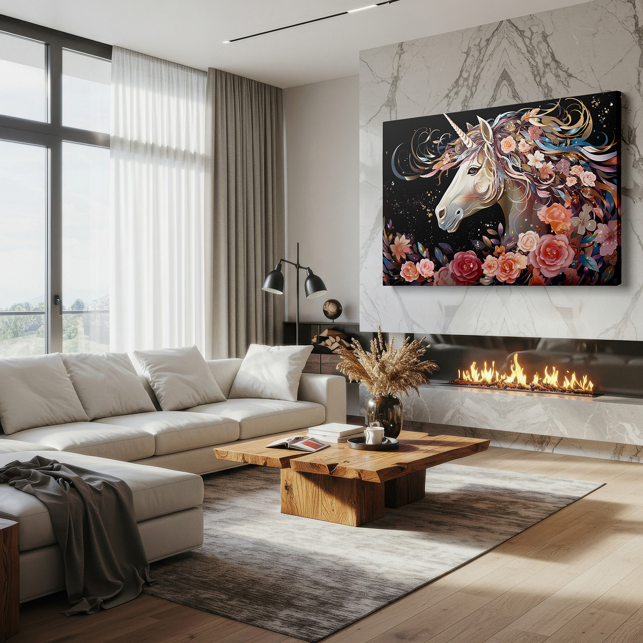 The 75×50 cm version anchors medium rooms without dominating them — enchanting unicorn in a mystical world, vibrant and fantastical large wall art, canvas wall art, wall decor for office and bedroom