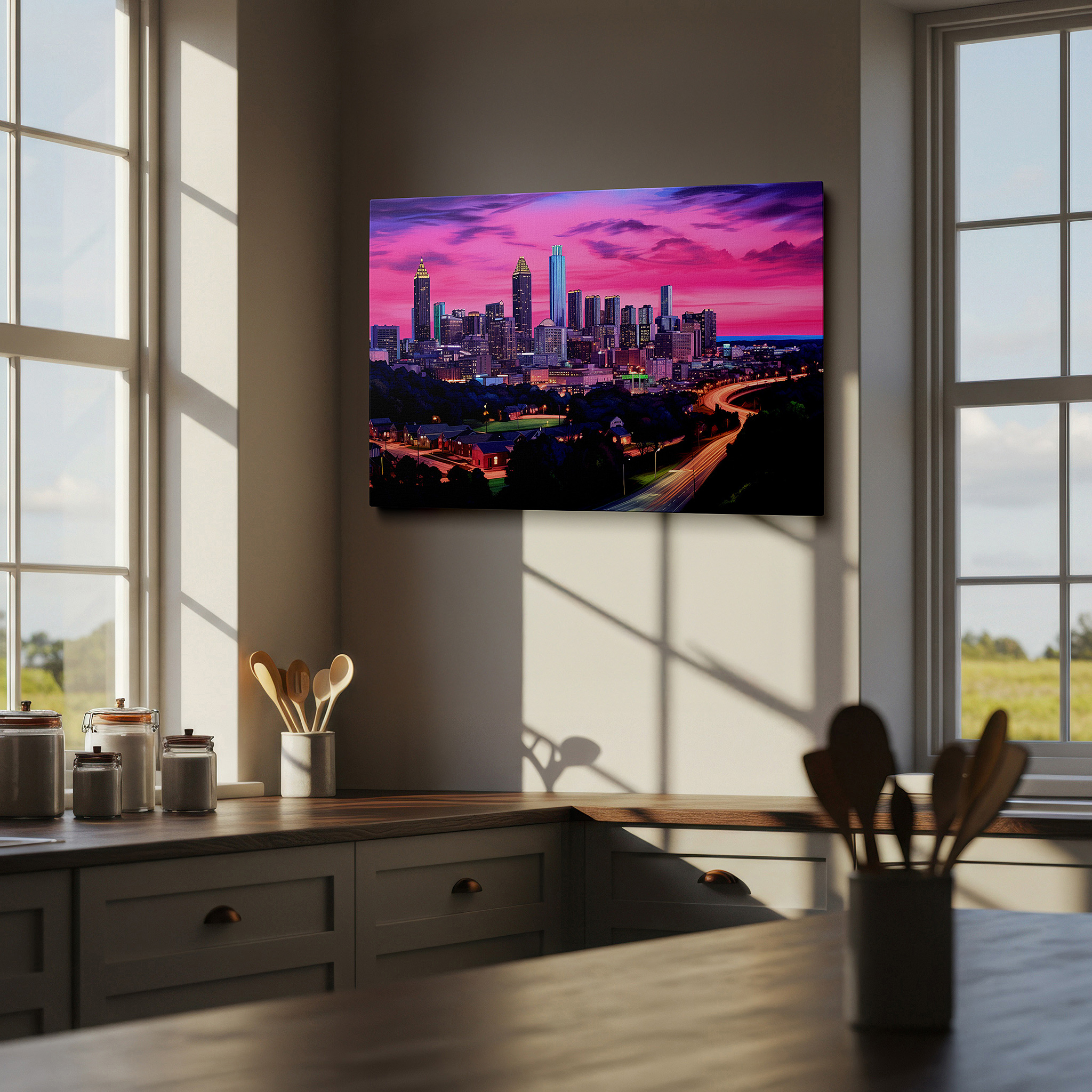 The 75×50 cm version anchors medium rooms without dominating them — evening glow over atlanta skyline: a showcase of urban vitality and architectural beauty - large wall art, canvas wall art, wall decor for office