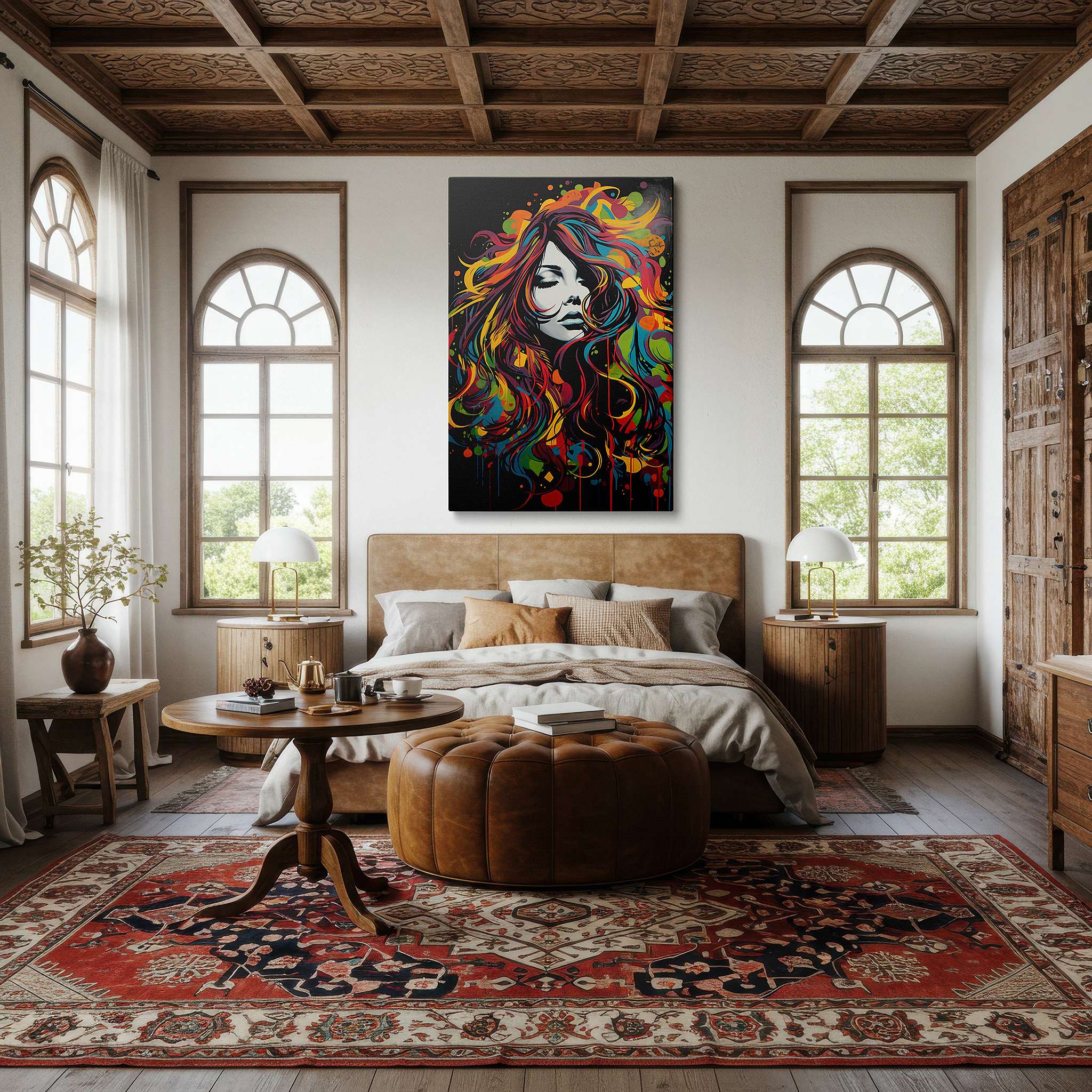 The 75×50 cm version anchors medium rooms without dominating them — fiery thoughts and vivid reflections in a woman's serene gaze: large wall art for office, bedroom, and living spaces