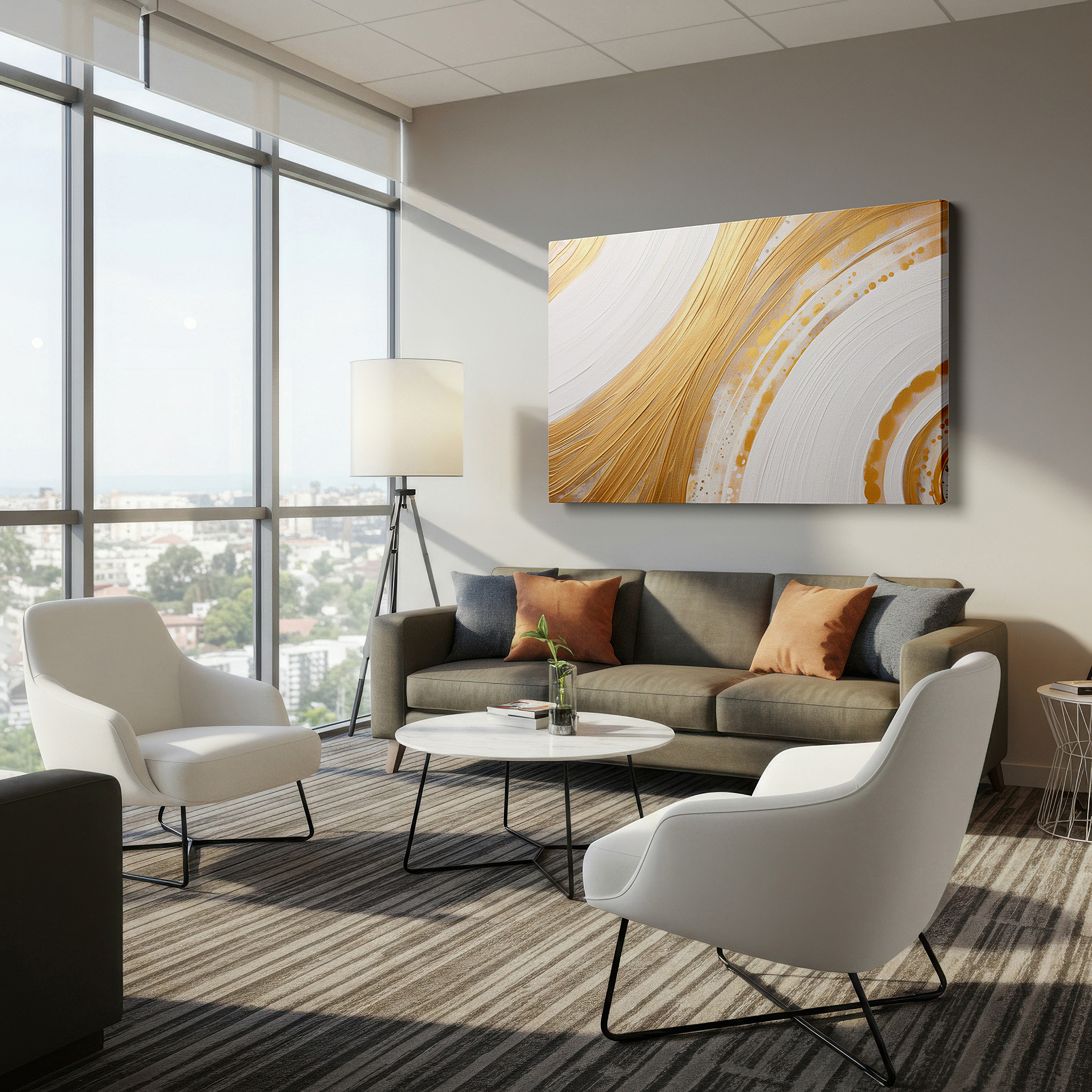 The 75×50 cm version anchors medium rooms without dominating them — gold and white elegance, abstract harmony for luxurious spaces: large wall art, canvas wall art, wall decor for offices and bedrooms
