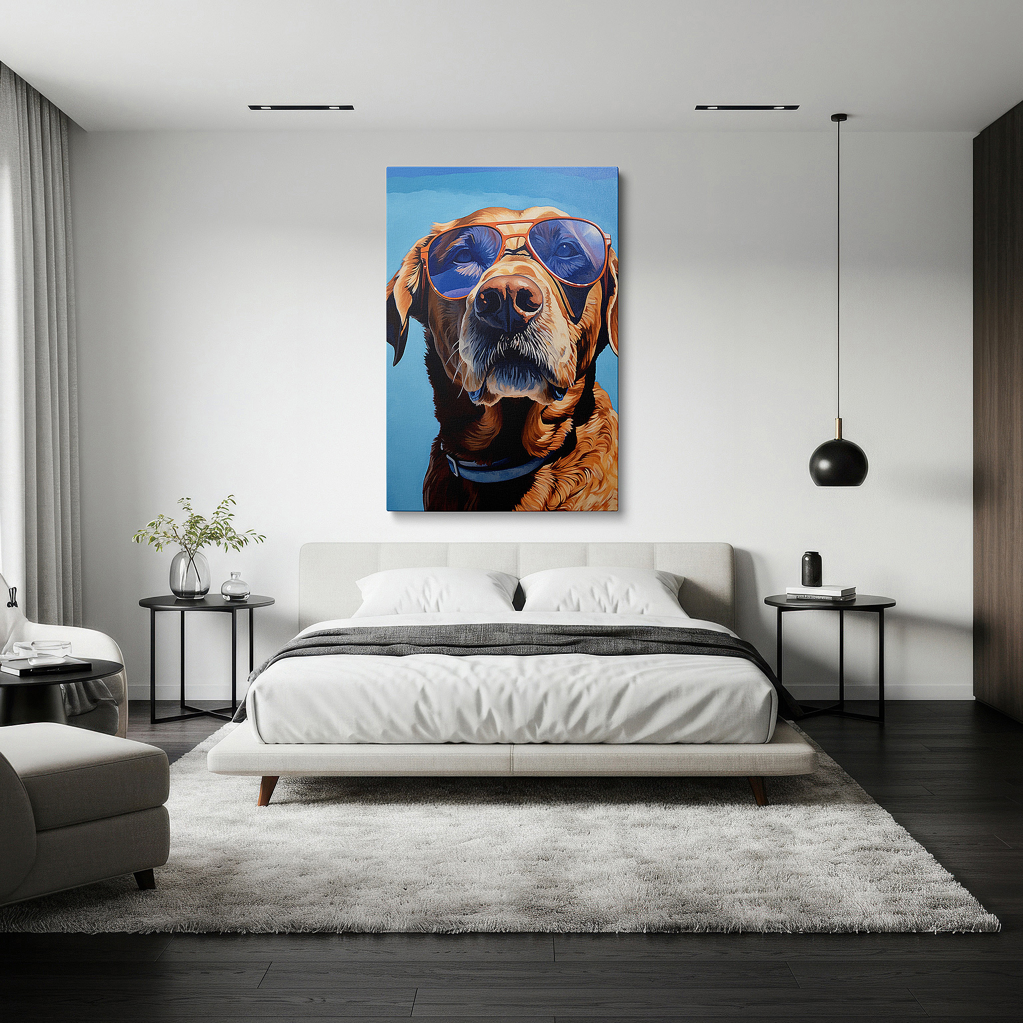 The 75×50 cm version anchors medium rooms without dominating them — golden retriever in sunglasses exudes summer bliss on a bright blue sky background - large wall art, canvas wall art, wall decor for office and bedroom