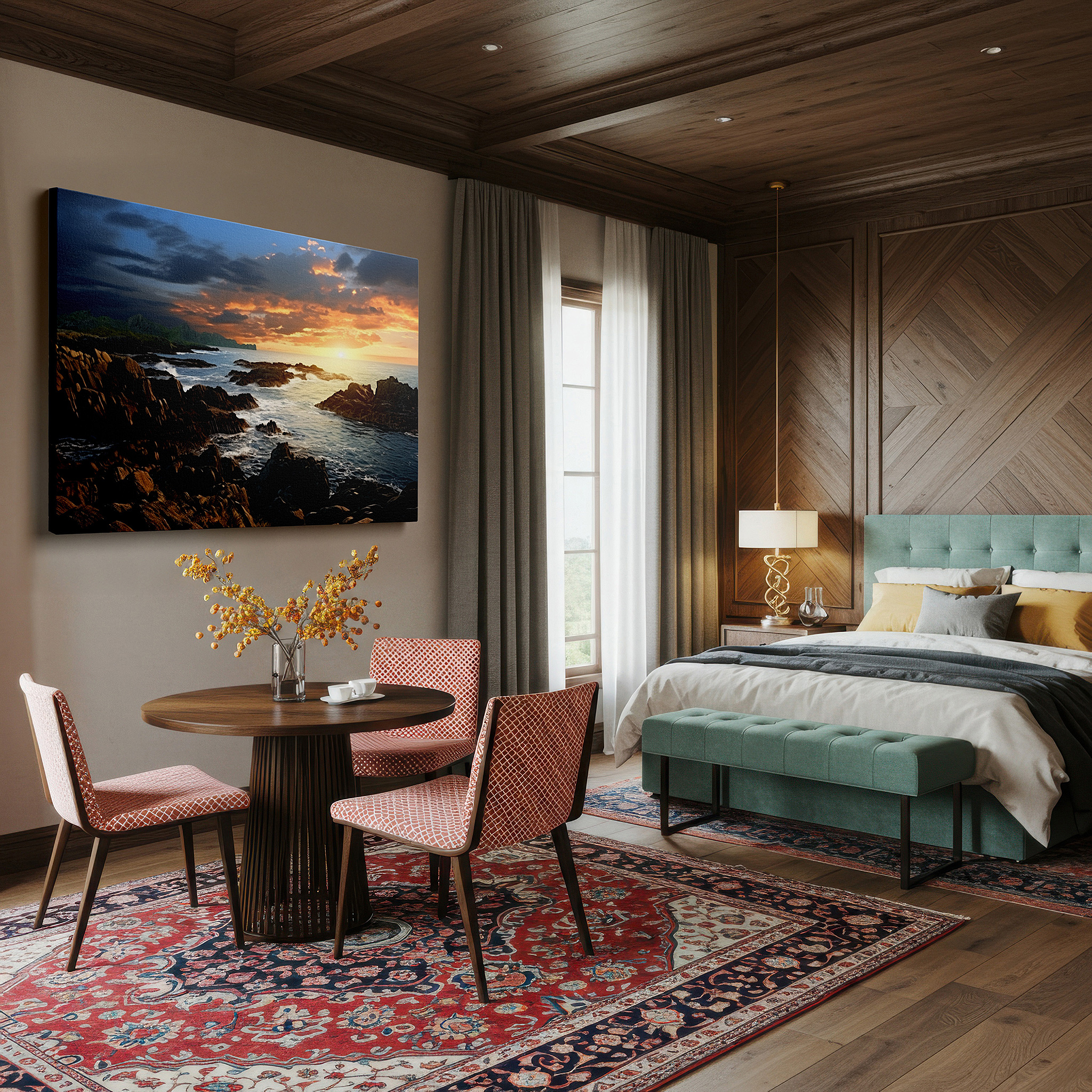 The 75×50 cm version anchors medium rooms without dominating them — golden sunset on rugged coastline: a vivid symphony of light and shadow - large canvas wall art for home and office decor