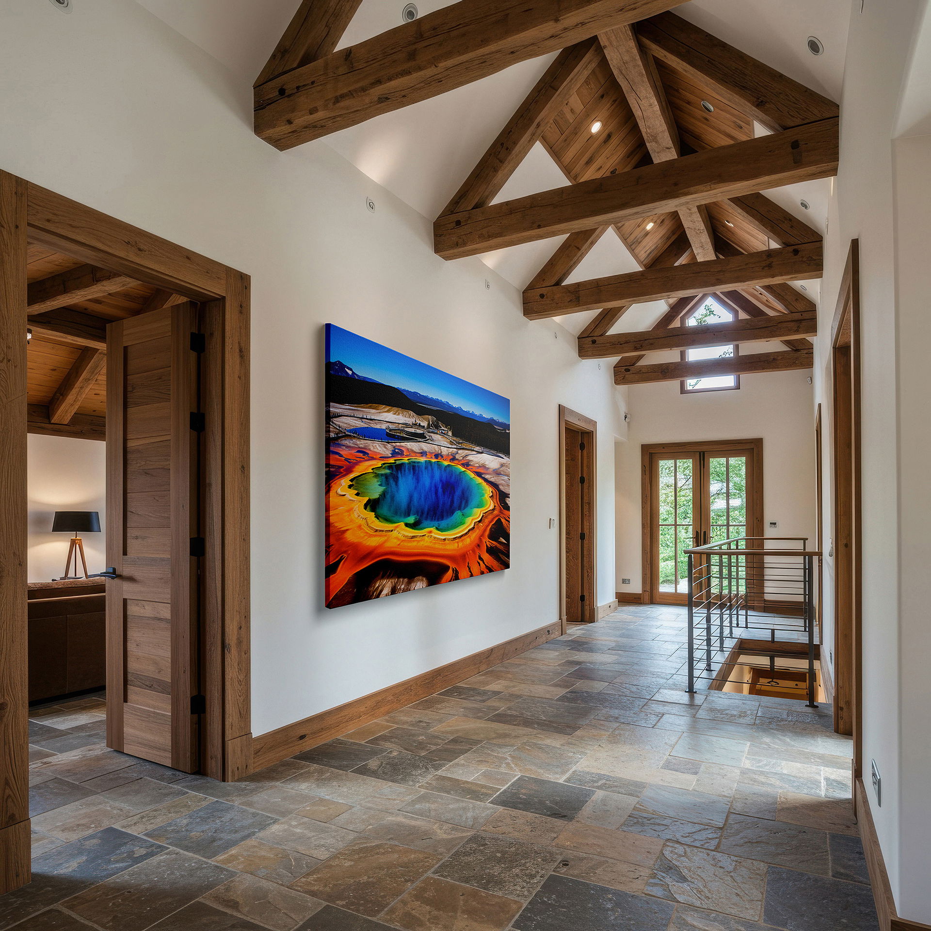 The 75×50 cm version anchors medium rooms without dominating them — grand prismatic spring aerial view: yellowstone's colorful natural palette - large canvas wall art for home and office decor